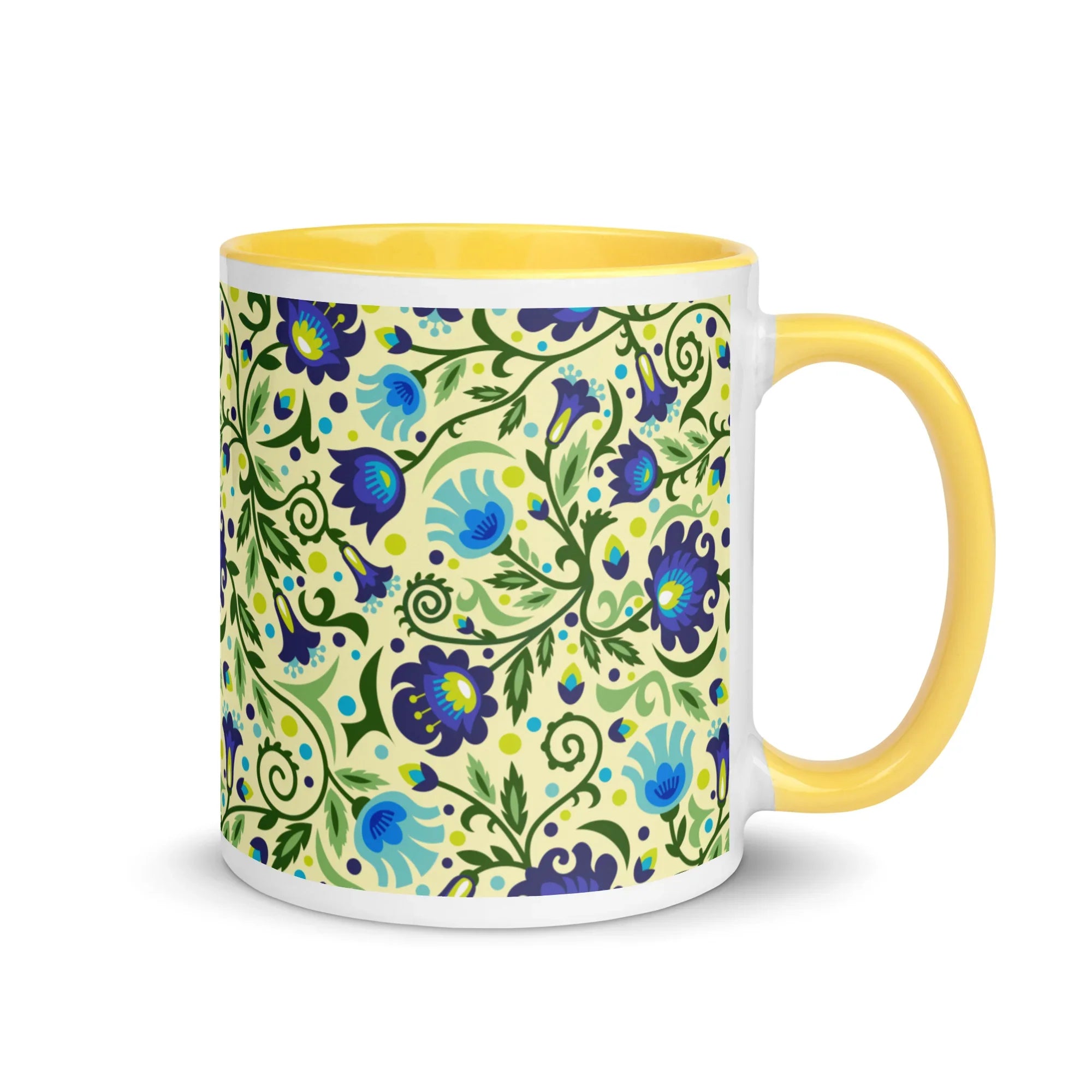 Gdańsk Blues Wycinanki Mug over yellow - The Global Wanderer