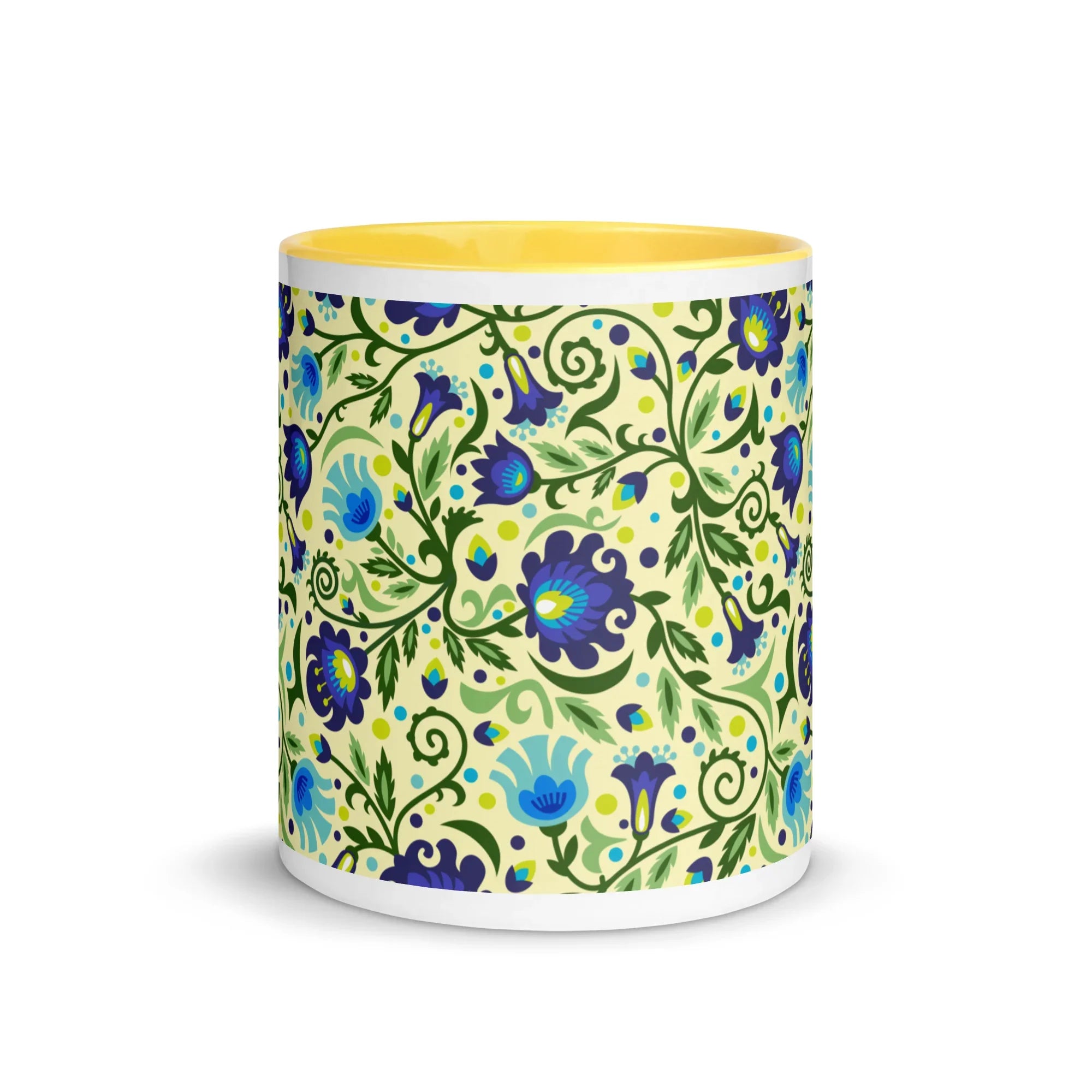 Gdańsk Blues Wycinanki Mug over yellow - The Global Wanderer