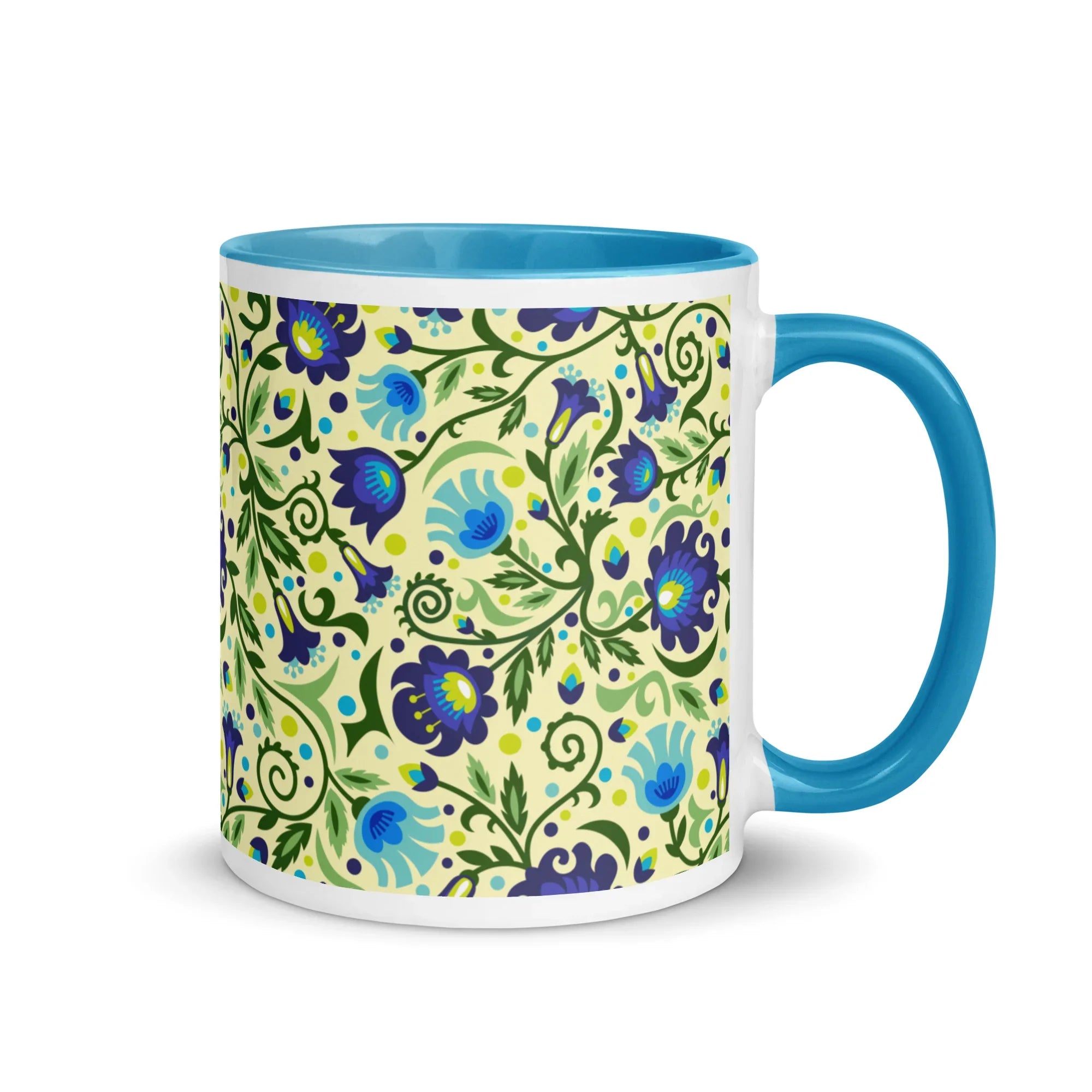 Gdańsk Blues Wycinanki Mug over yellow - The Global Wanderer
