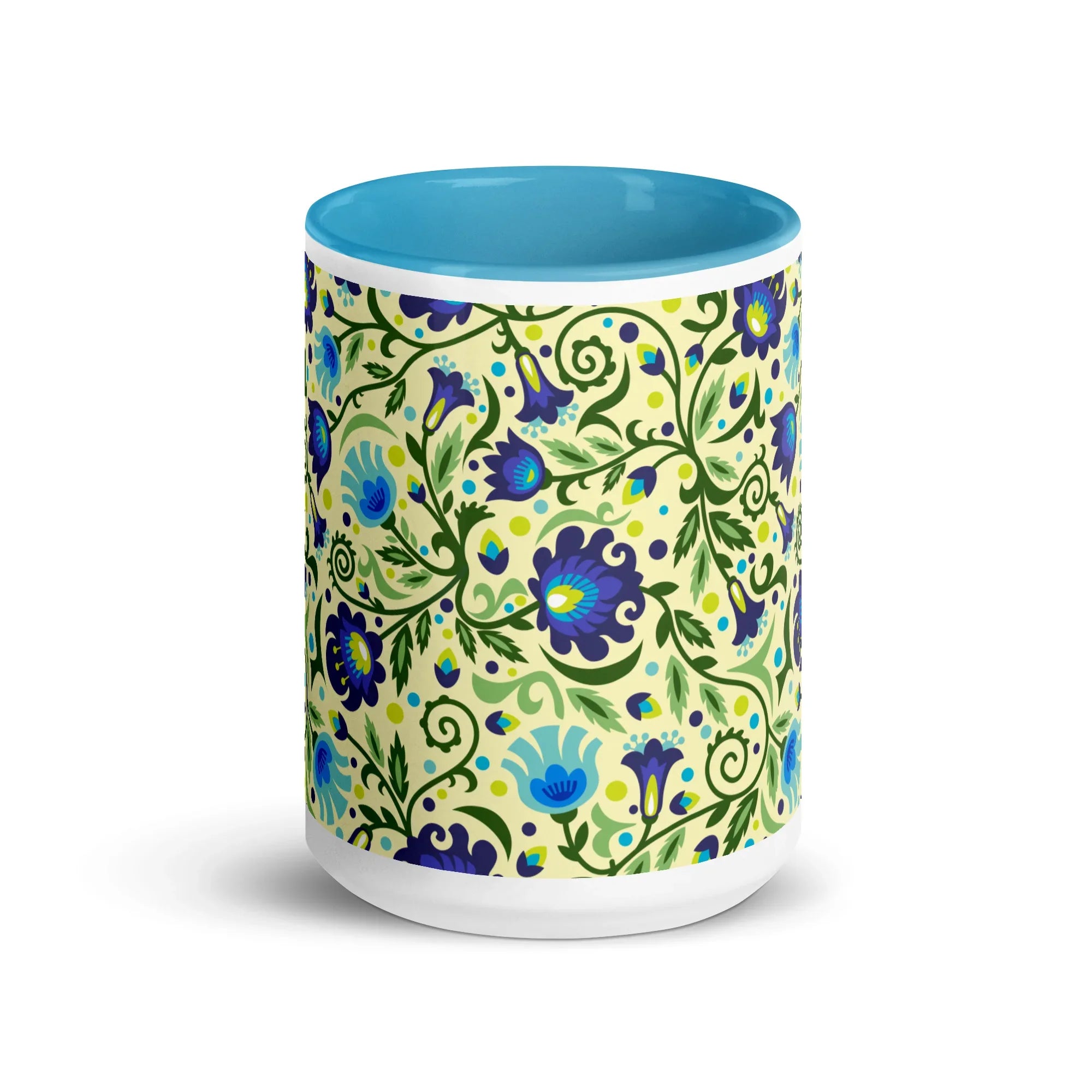 Gdańsk Blues Wycinanki Mug over yellow - The Global Wanderer