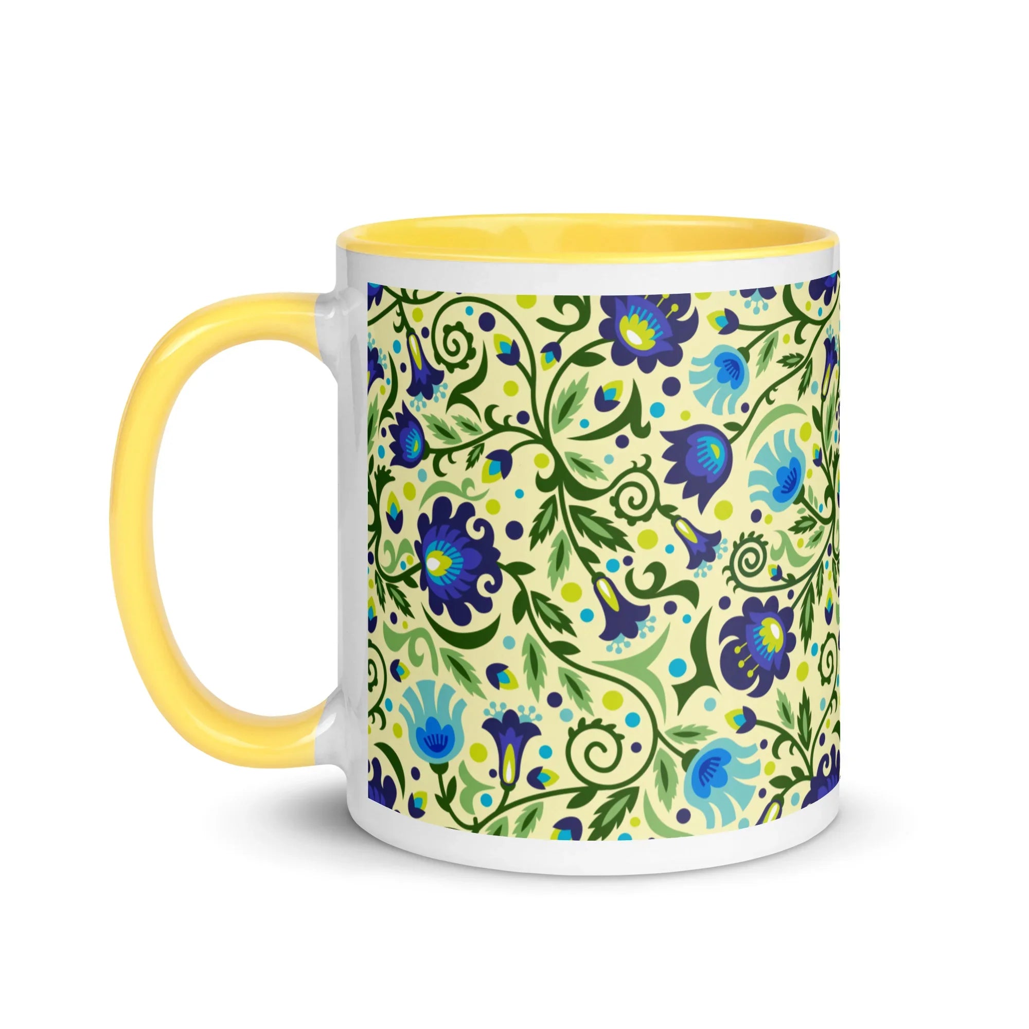 Gdańsk Blues Wycinanki Mug over yellow - The Global Wanderer