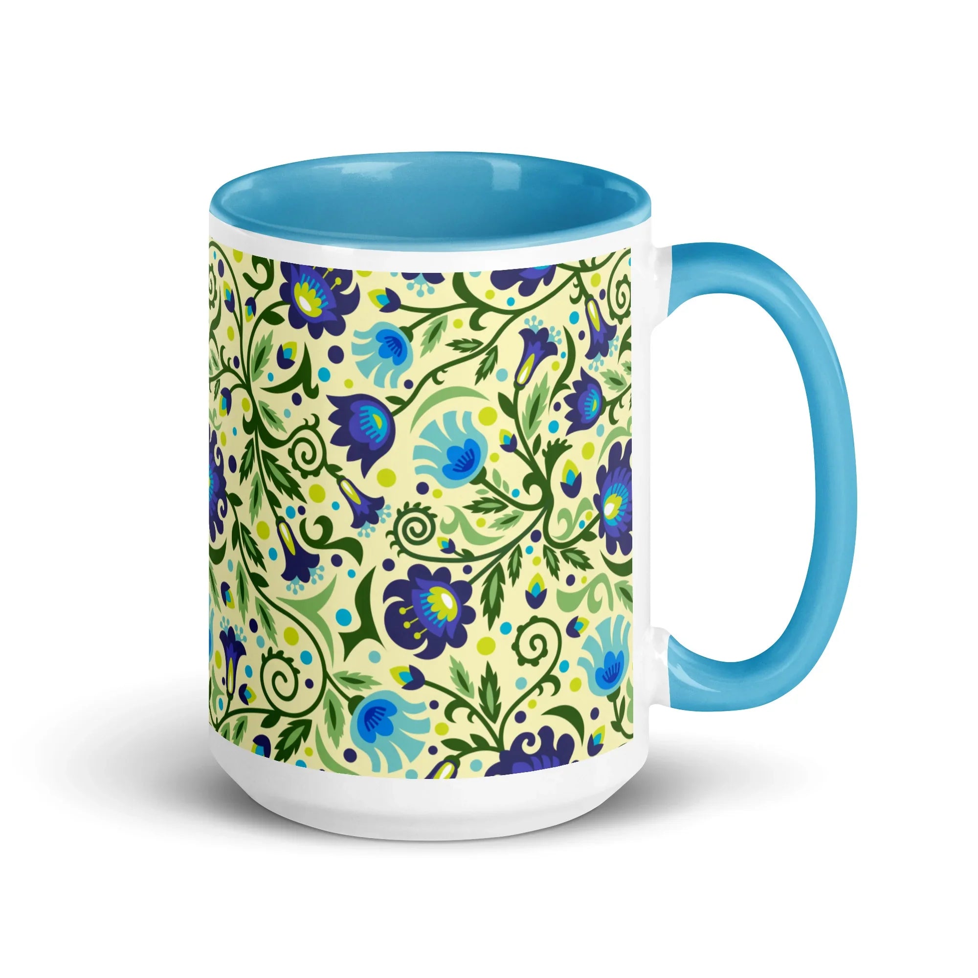 Gdańsk Blues Wycinanki Mug over yellow - The Global Wanderer