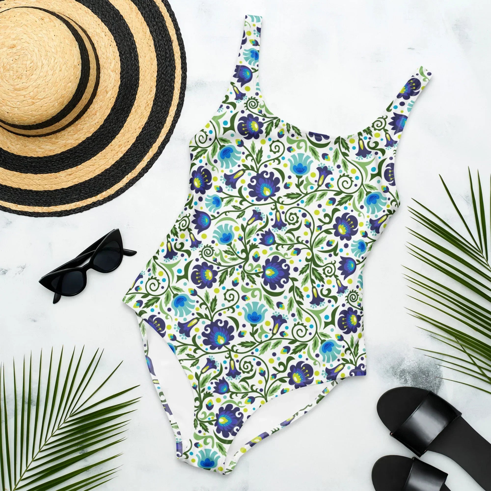 Gdańsk Blues Wycinanki One-Piece Swimsuit over white - The Global Wanderer