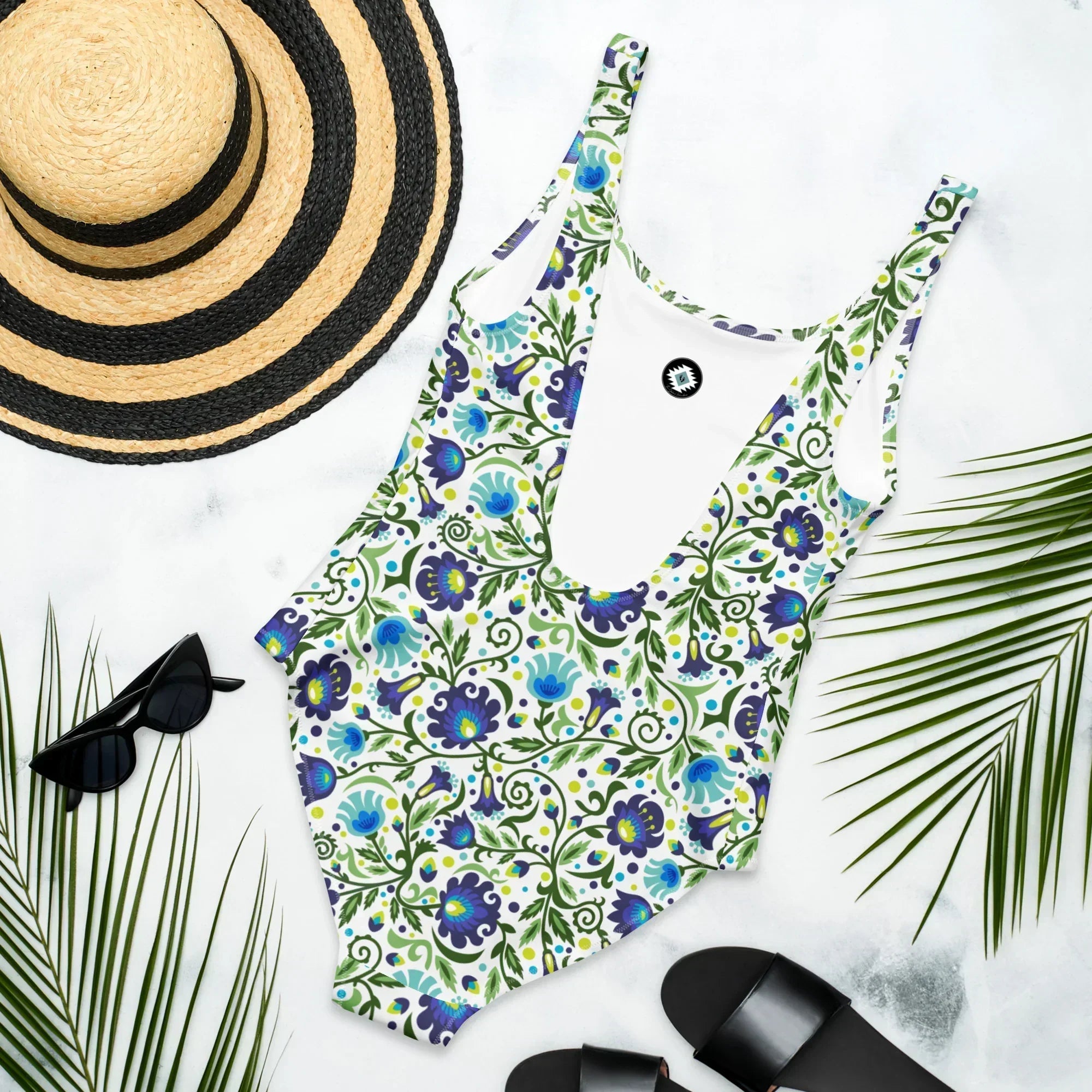 Gdańsk Blues Wycinanki One-Piece Swimsuit over white - The Global Wanderer