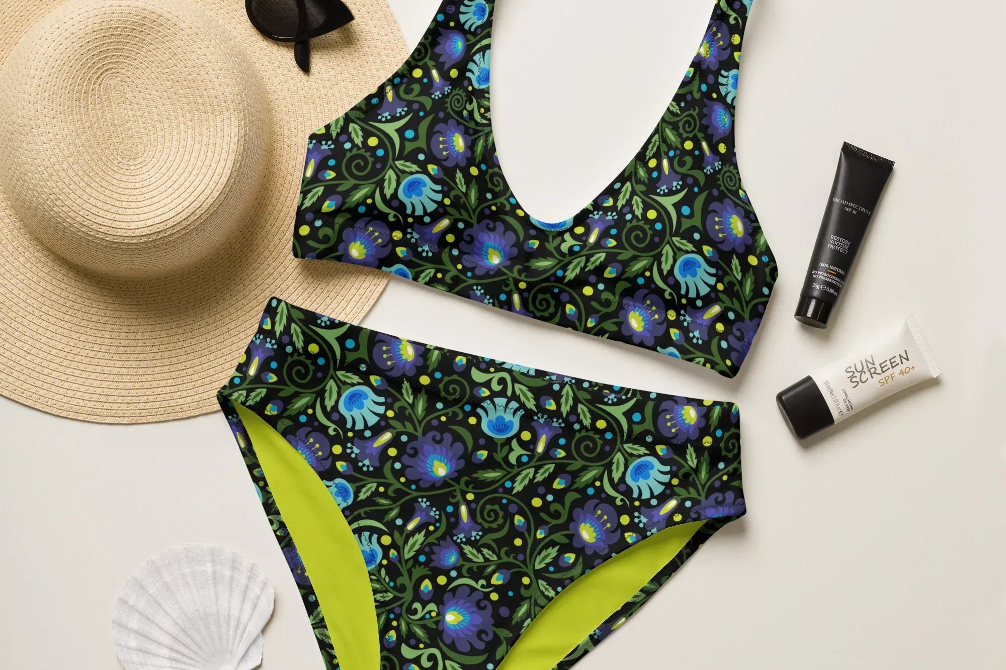 Gdańsk Blues Wycinanki Recycled High-Waisted Bikini over black - The Global Wanderer