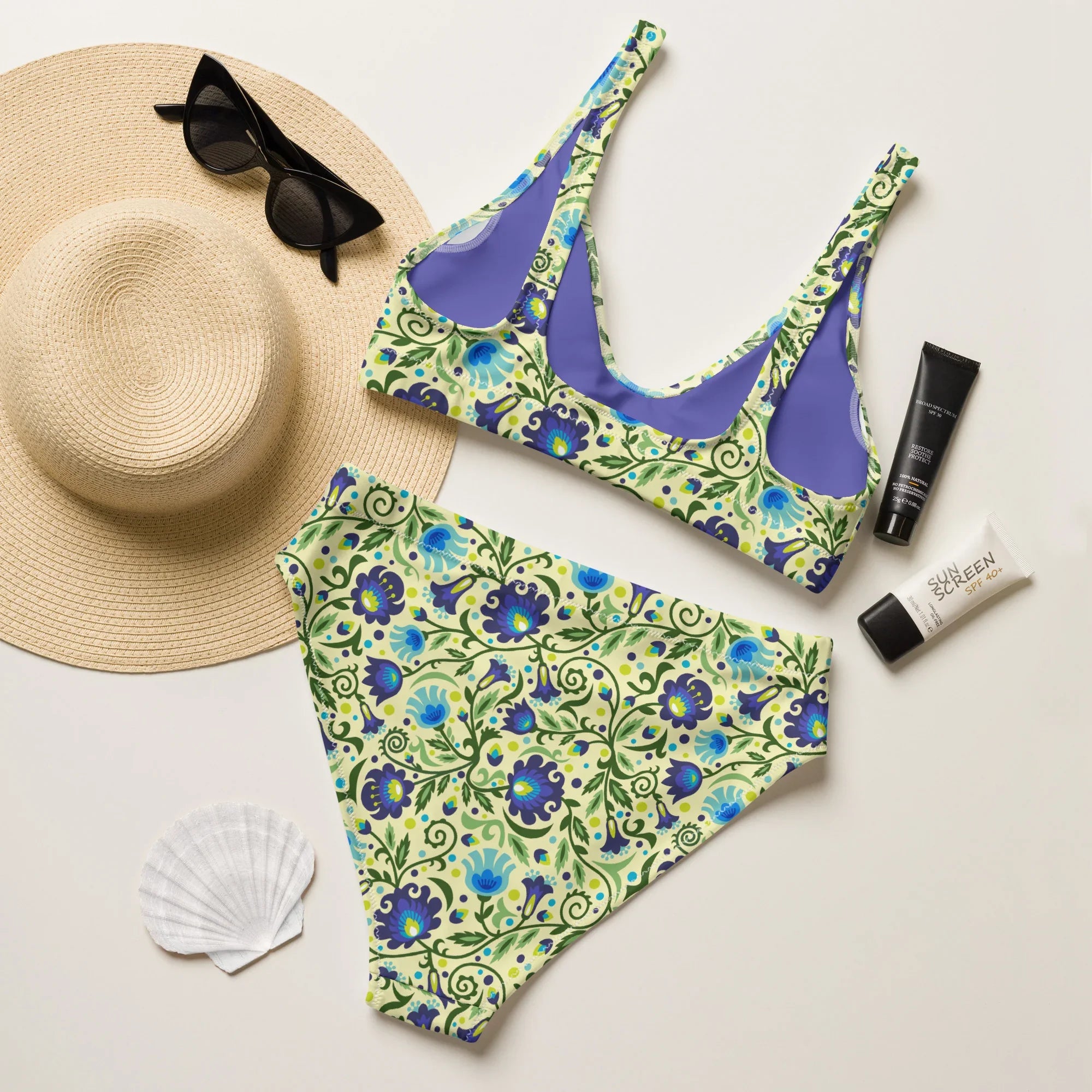 Gdańsk Blues Wycinanki Recycled High-Waisted Bikini over yellow - The Global Wanderer