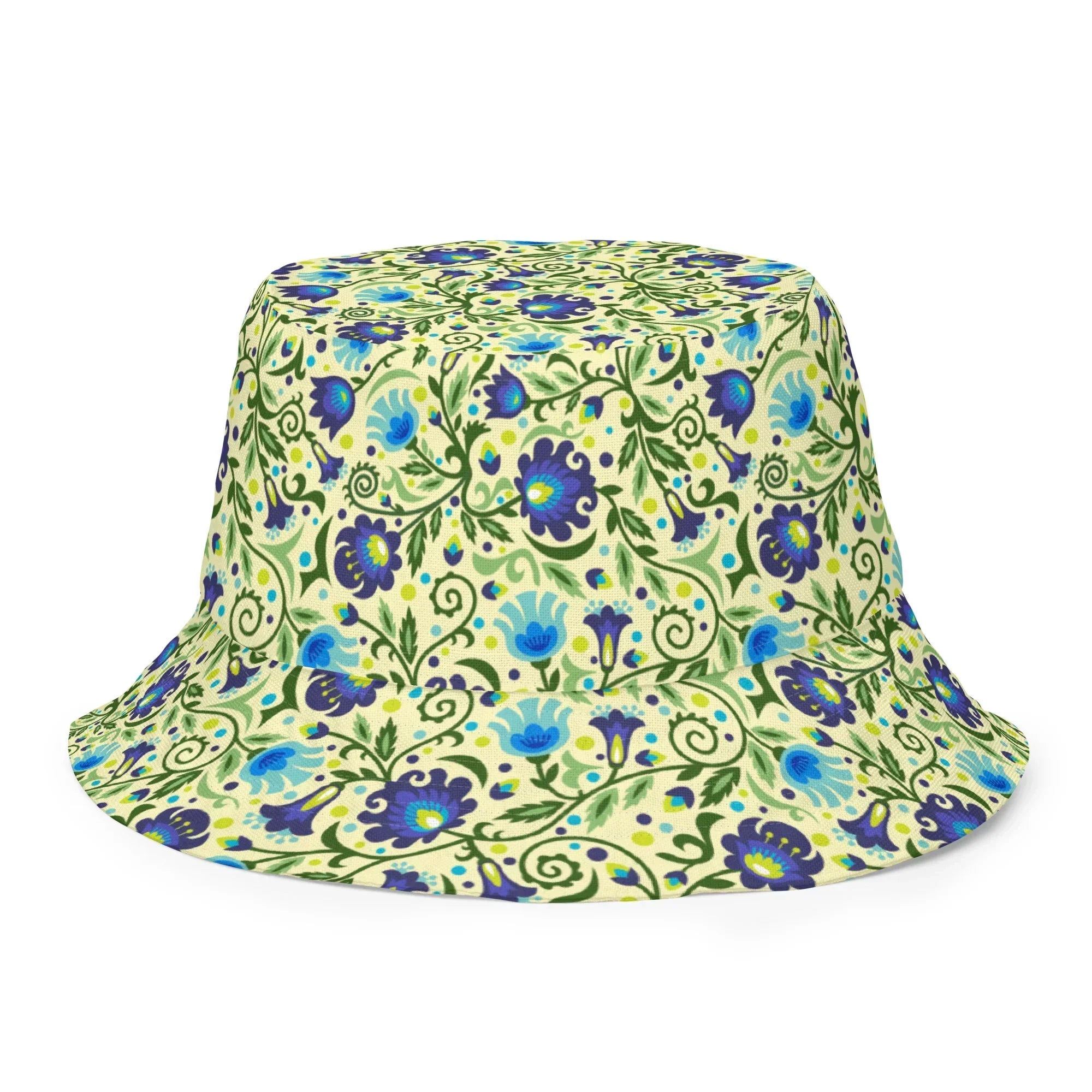 Gdańsk Blues Wycinanki Reversible Bucket Hat over yellow - The Global Wanderer