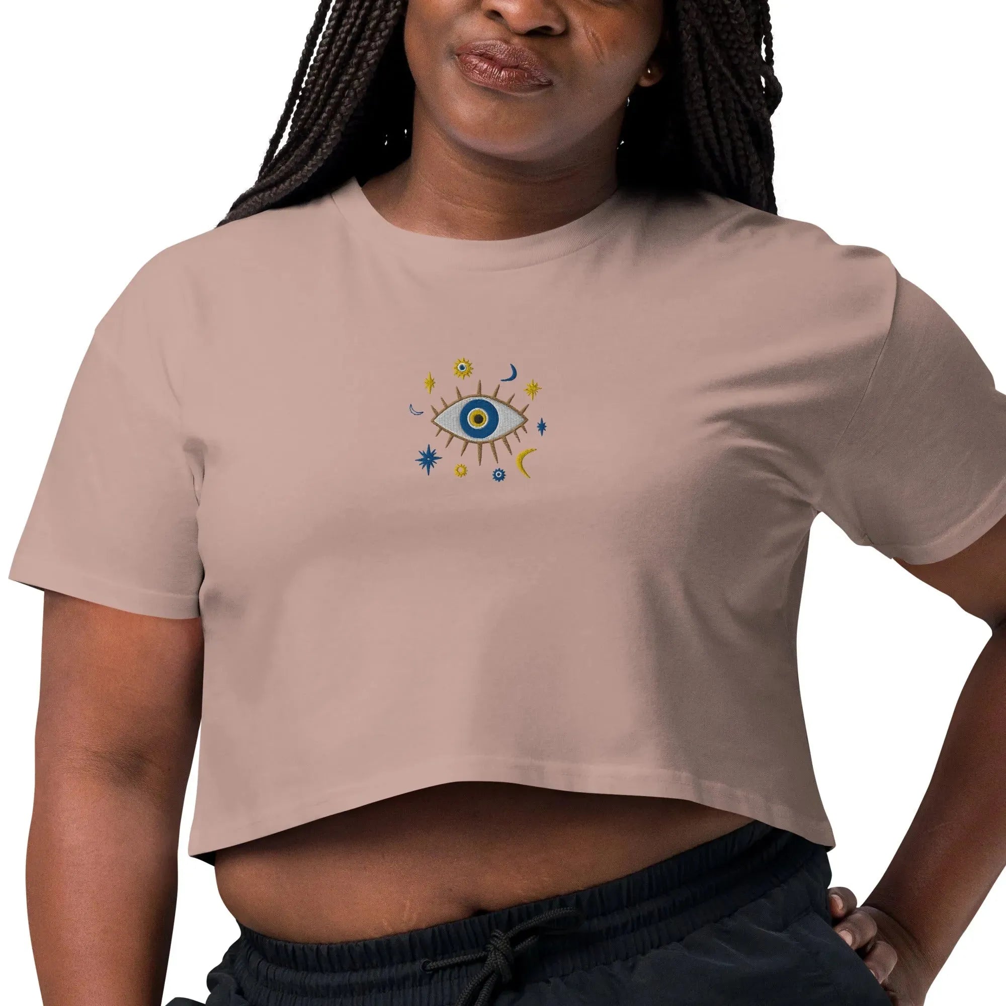 Greek Evil Eye Embroidered Cropped T-Shirt - The Global Wanderer