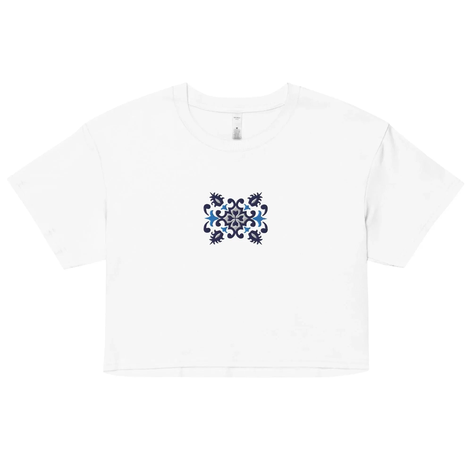 Portuguese Azulejo Tile Embroidered Cropped T-Shirt - The Global Wanderer