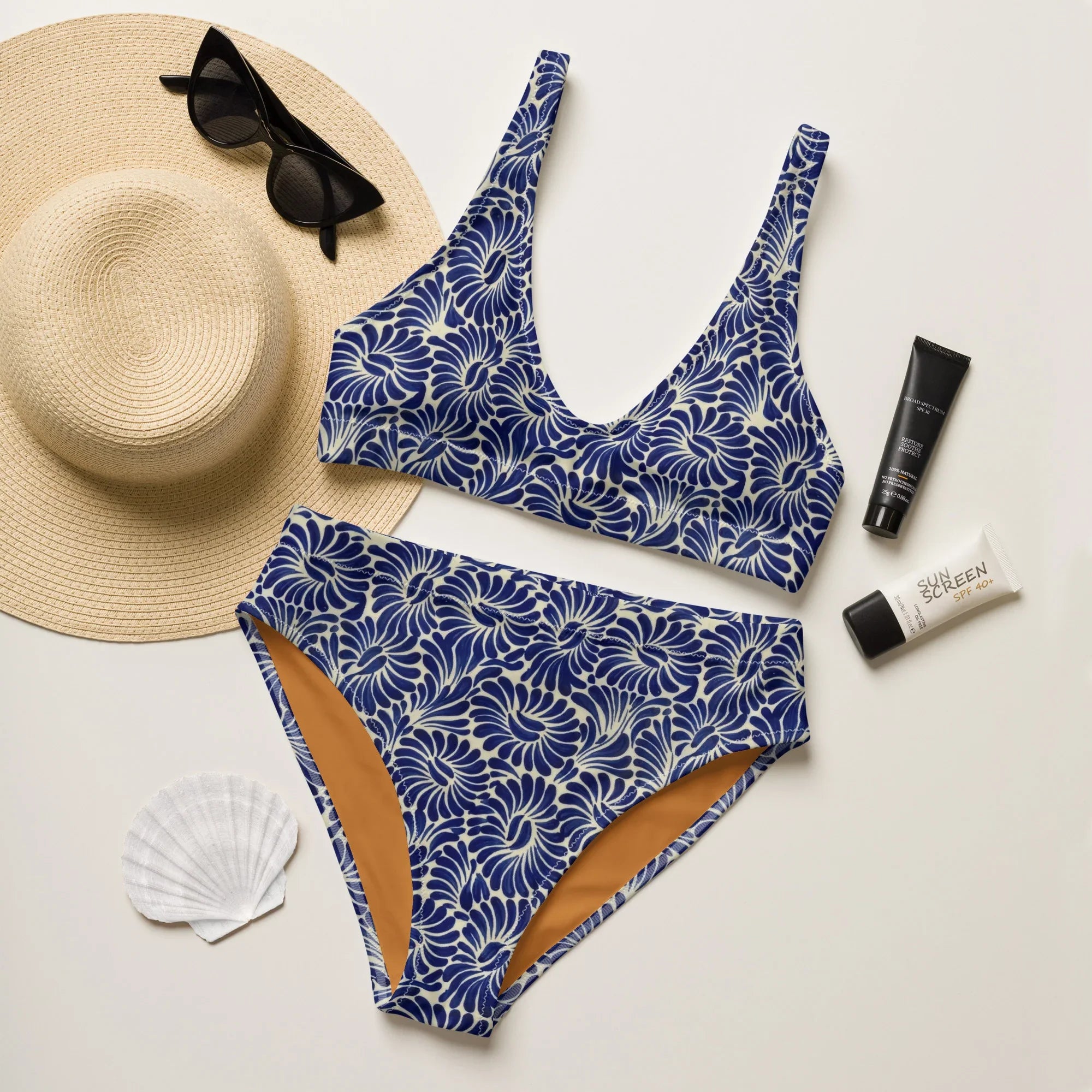 Puebla Talavera Tile Recycled High-Waisted Bikini - The Global Wanderer
