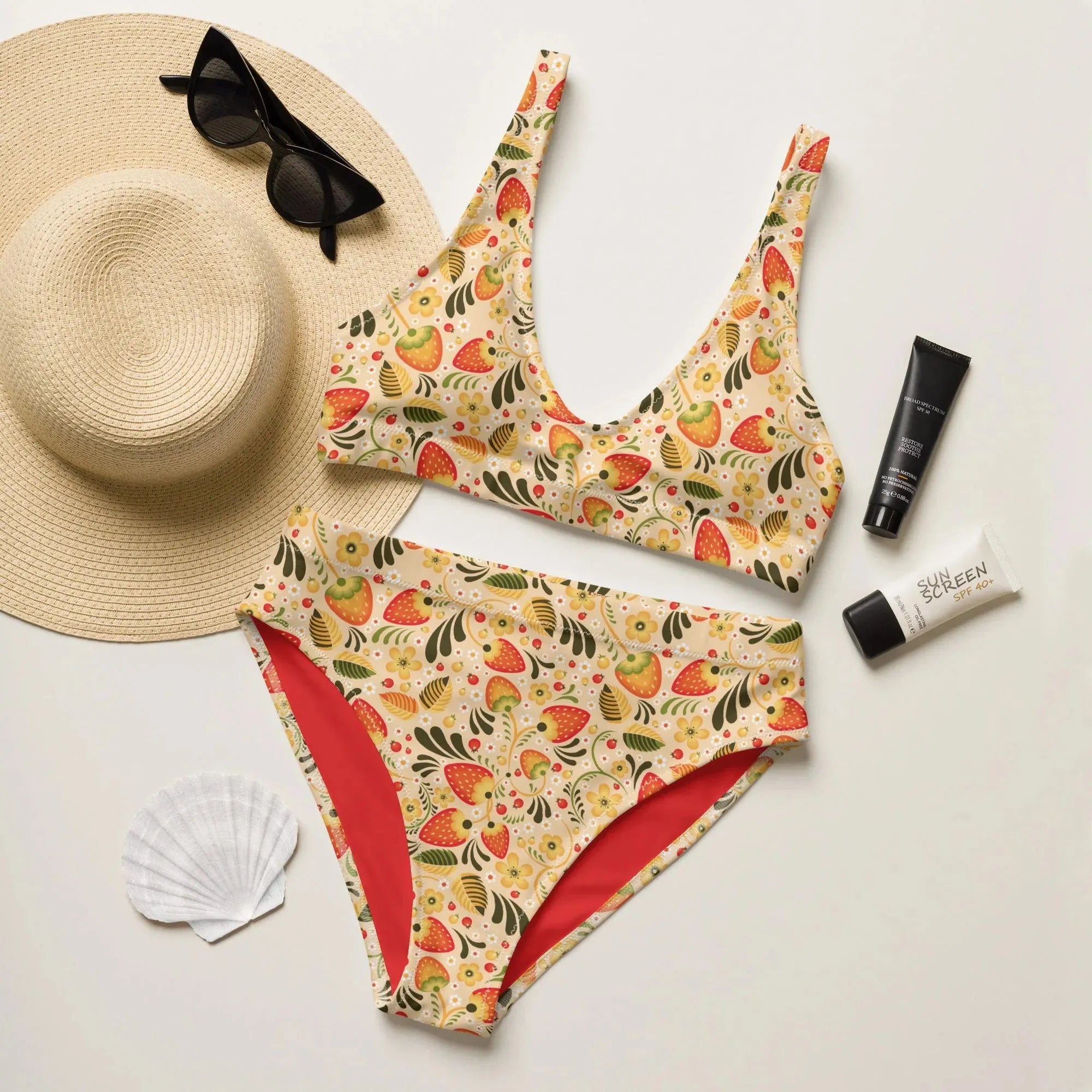Russian Beige Khokhloma Recycled High-Waisted Bikini - The Global Wanderer