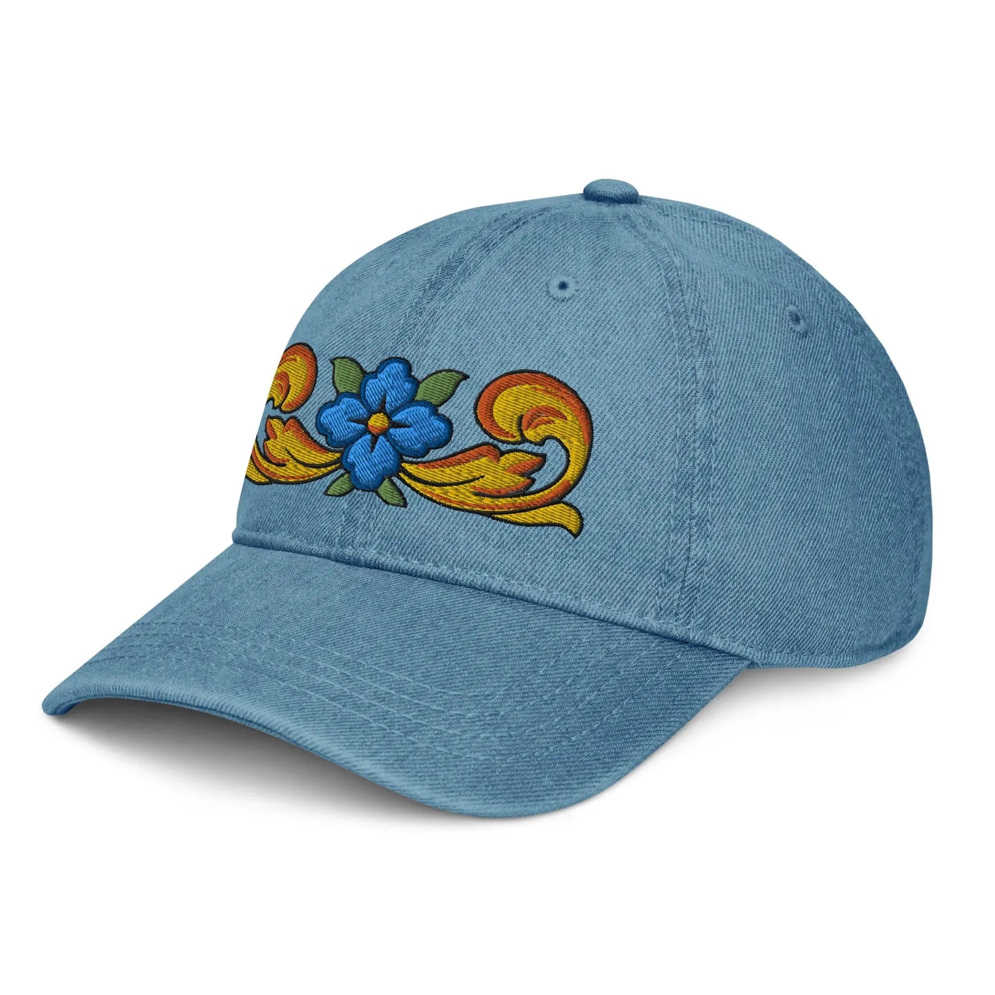 Sicilian Tile Motif Embroidered Denim Dad Hat - The Global Wanderer