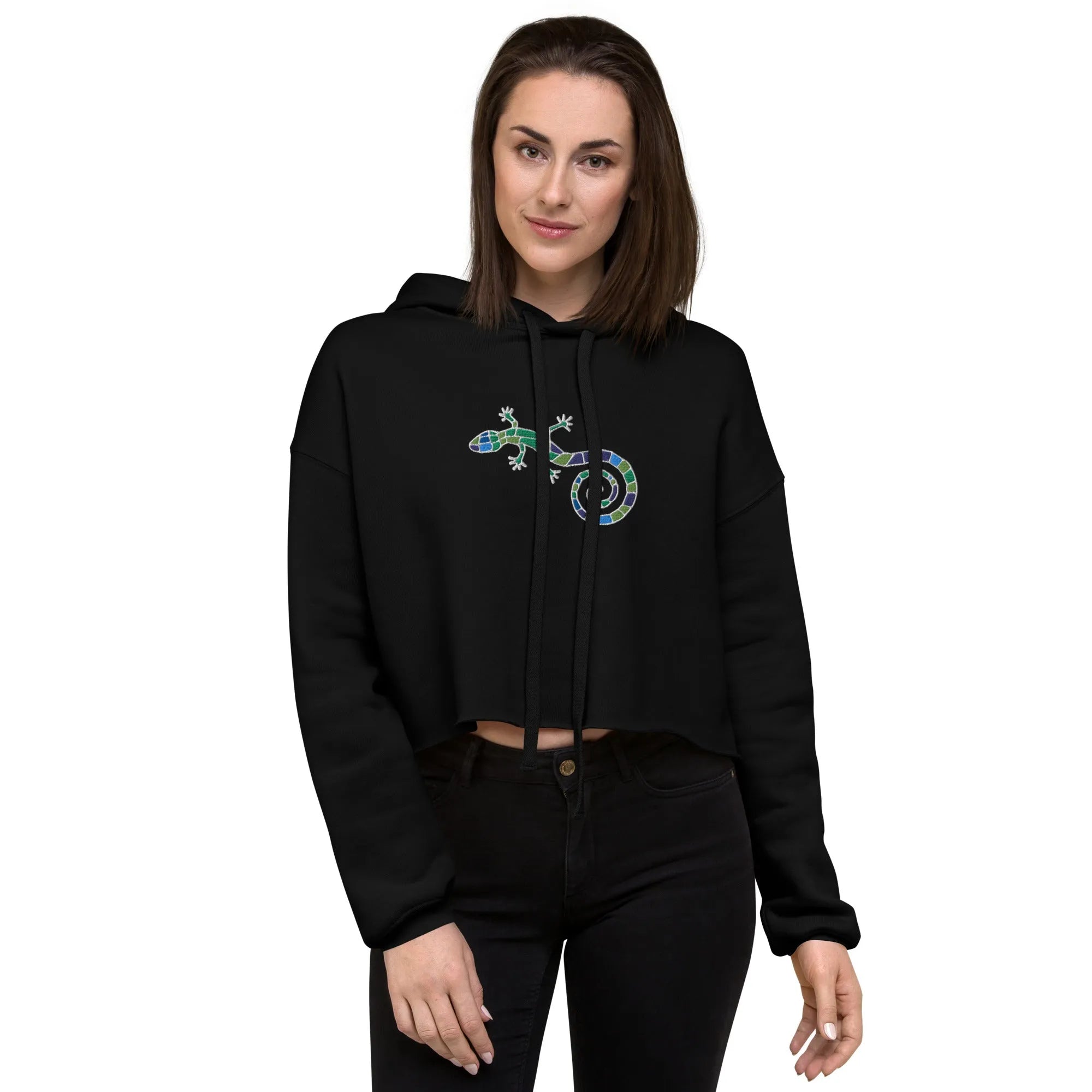 Spanish Mosaic Lizard Embroidered Cropped Hoodie - The Global Wanderer