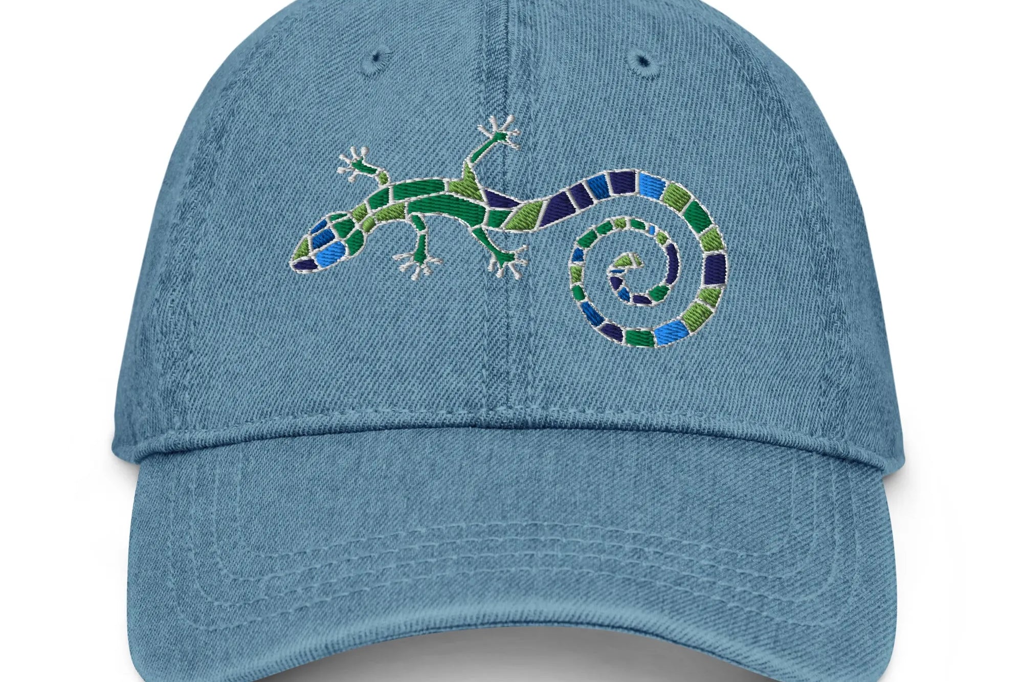 Spanish Mosaic Lizard Embroidered Denim Dad Hat - The Global Wanderer