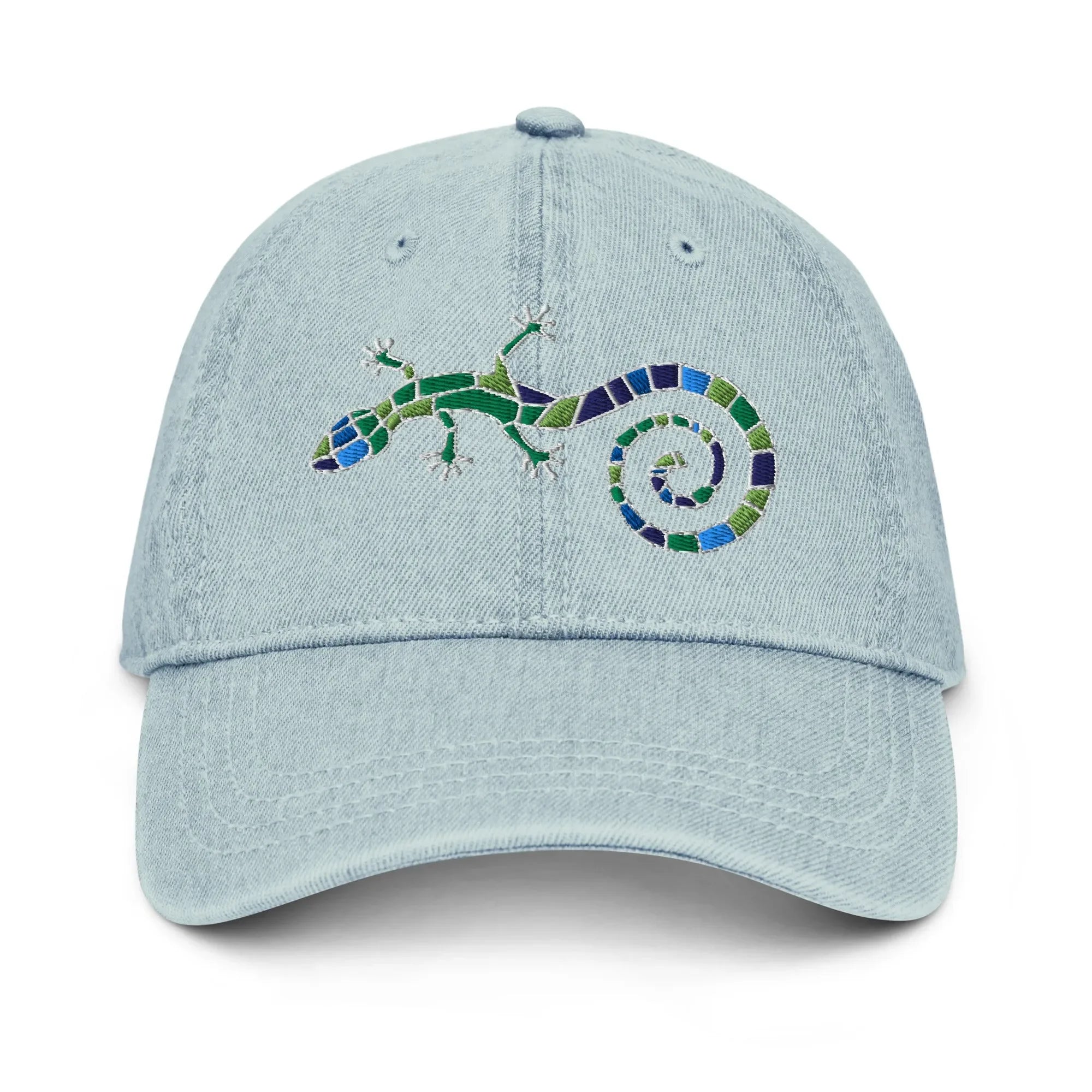 Spanish Mosaic Lizard Embroidered Denim Dad Hat - The Global Wanderer