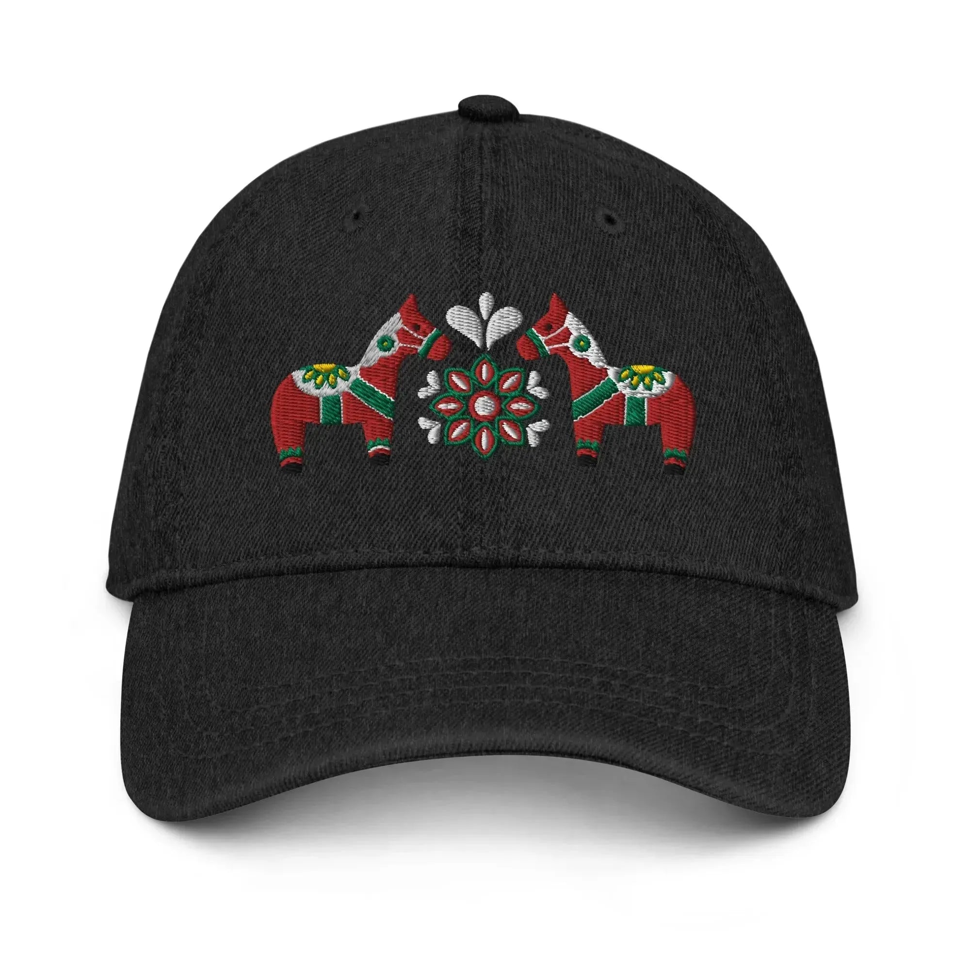 Swedish Dala Horse Embroidered Denim Dad Hat - Red - The Global Wanderer