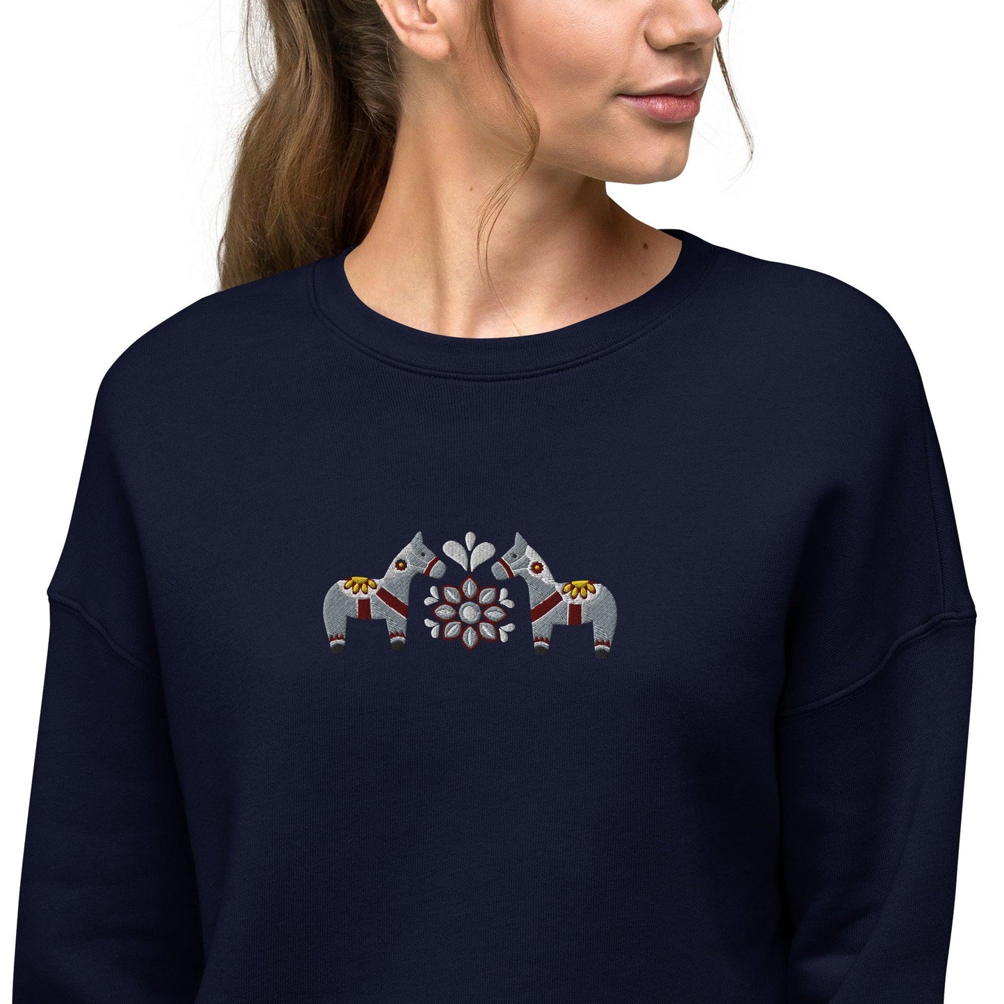 Swedish Gray Dala Horse Cropped Sweatshirt - Embroidered - The Global Wanderer