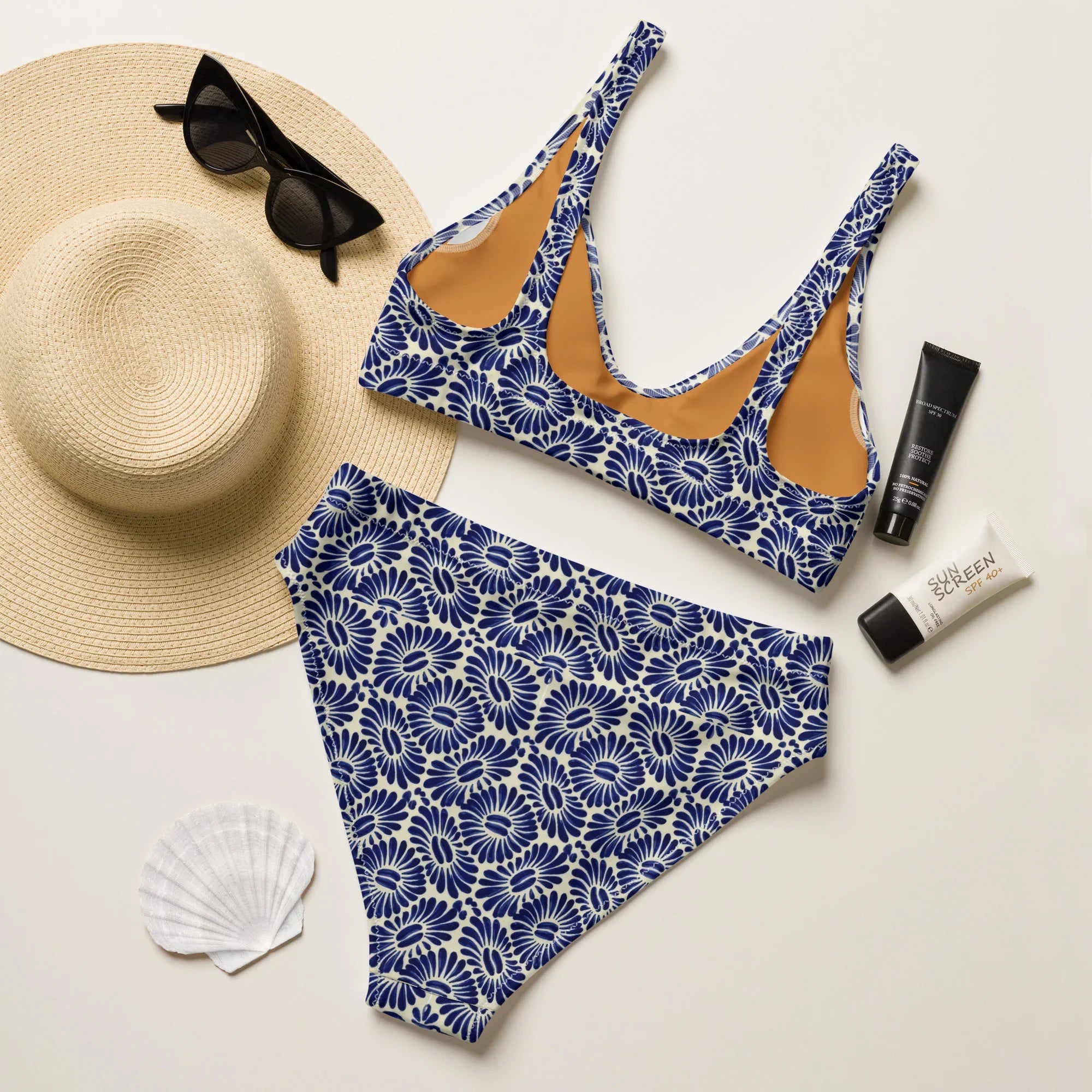 Tlaxcala Talavera Tile Recycled High-Waisted Bikini - The Global Wanderer