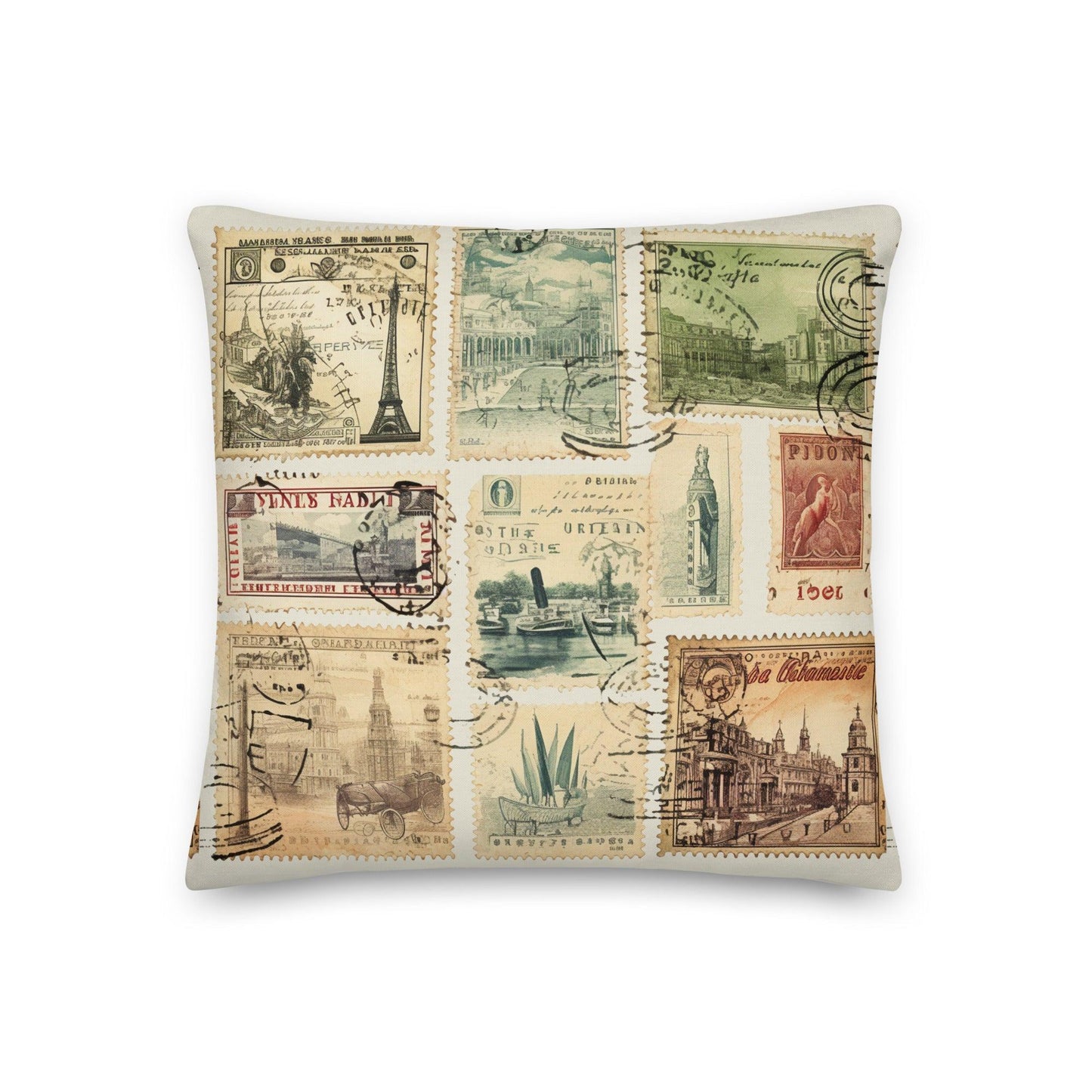 Vintage Travel Stamps Throw Pillow - The Global Wanderer