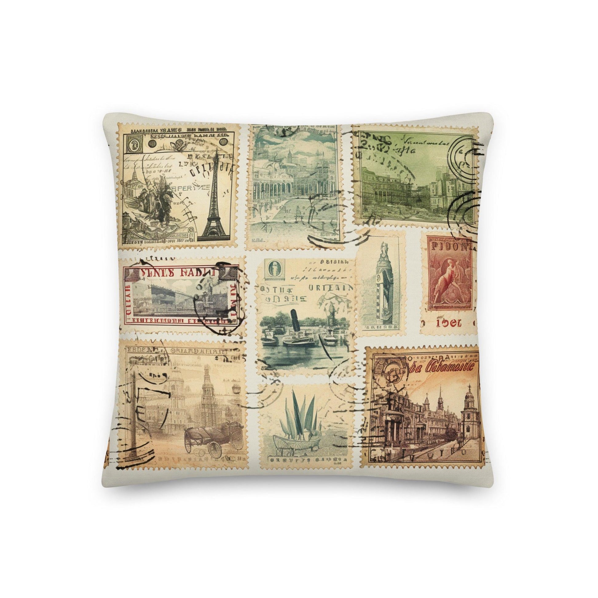 Vintage Travel Stamps Throw Pillow - The Global Wanderer