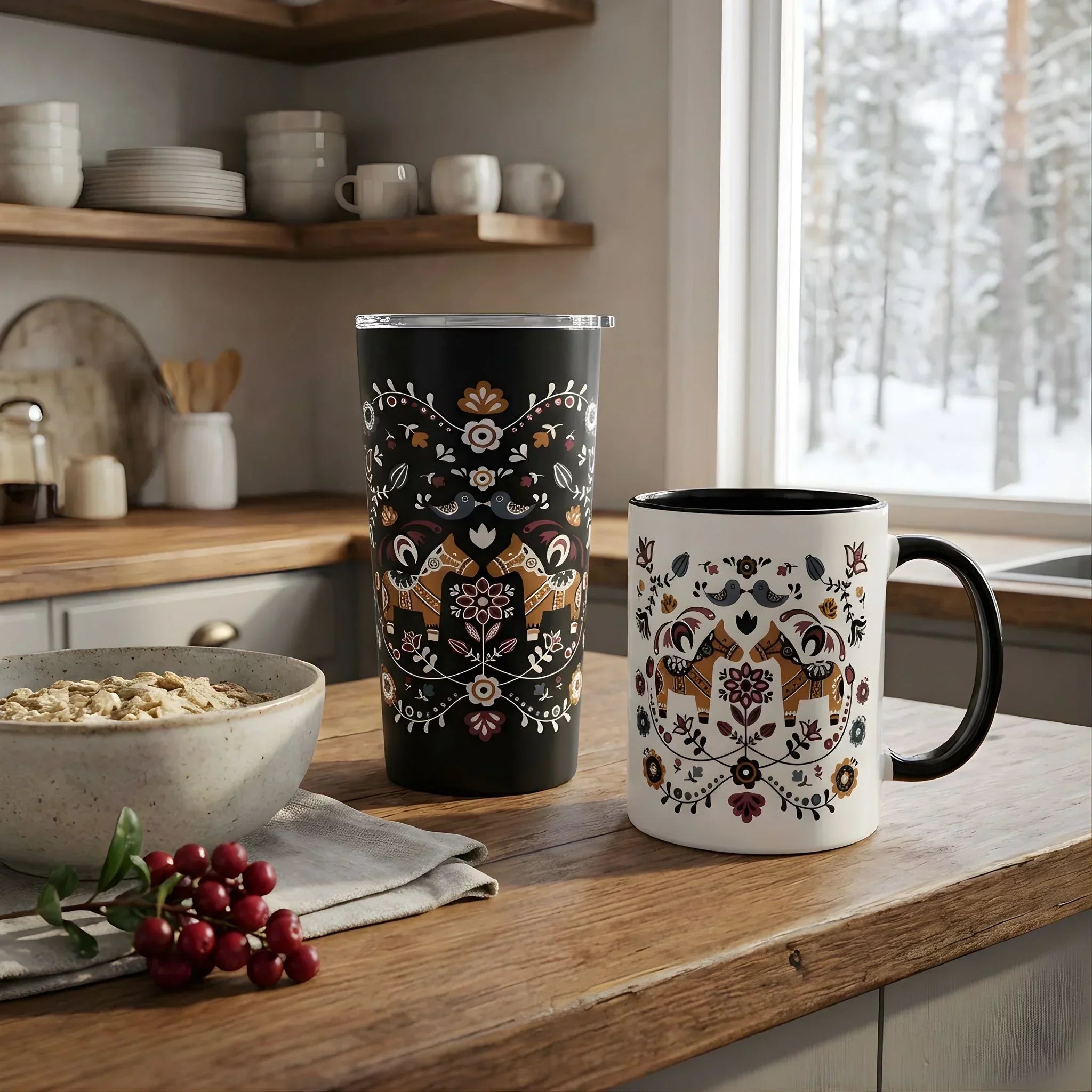 A Dala Horse decorated tumbler and a mugs on a kitchen counter.