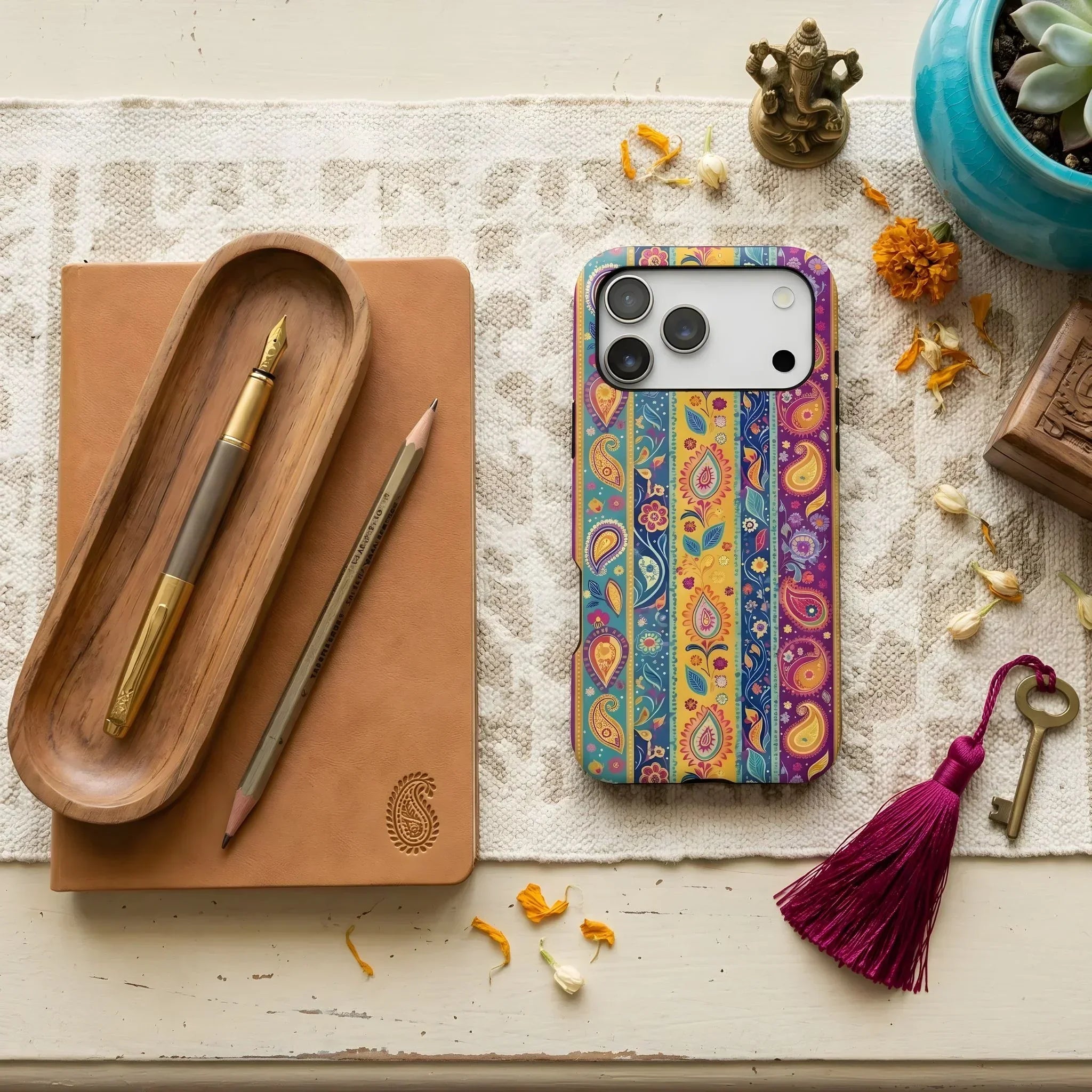 Indian Paisley Colorful phone case on a desk with a notebook, pen, and decorative items.