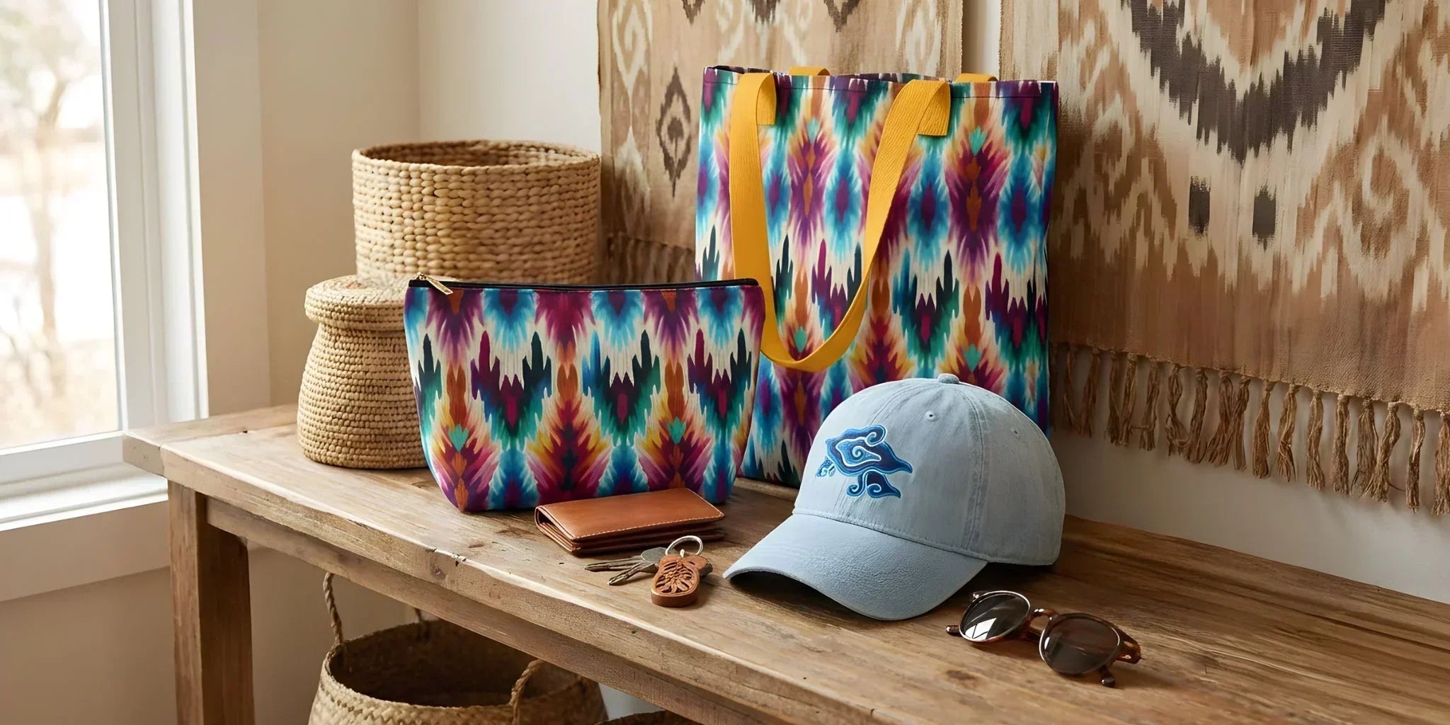 Indonesian Ikat Colorful tote bag, pouch, and cap on a wooden bench with a woven basket and sunglasses.