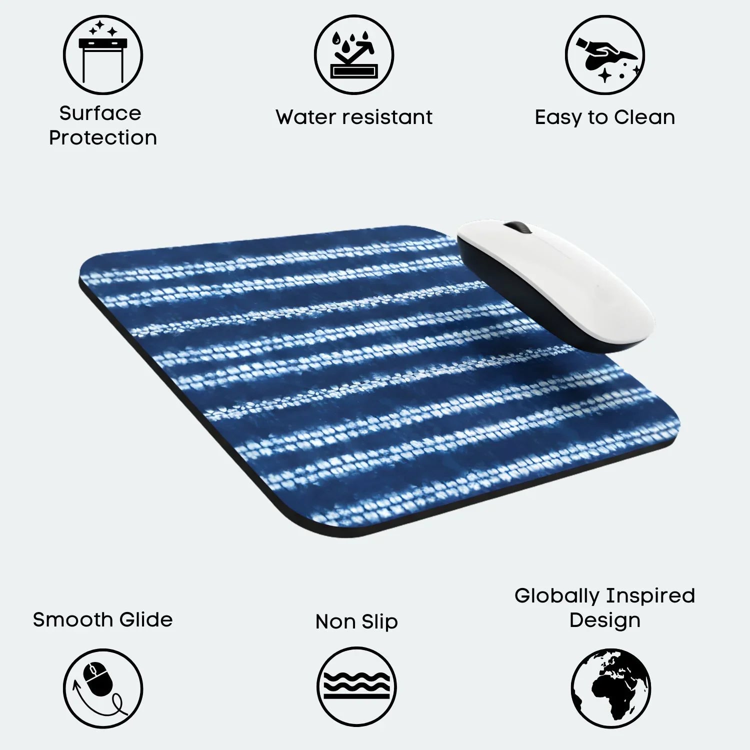 Blue and white striped Japanese Shibori mouse pad with icons indicating features on a light gray background