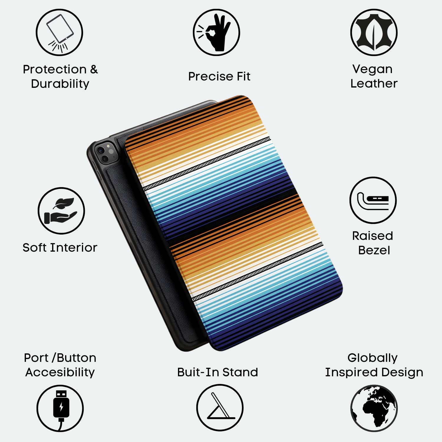 Colorful striped tablet case with features listed on a white background