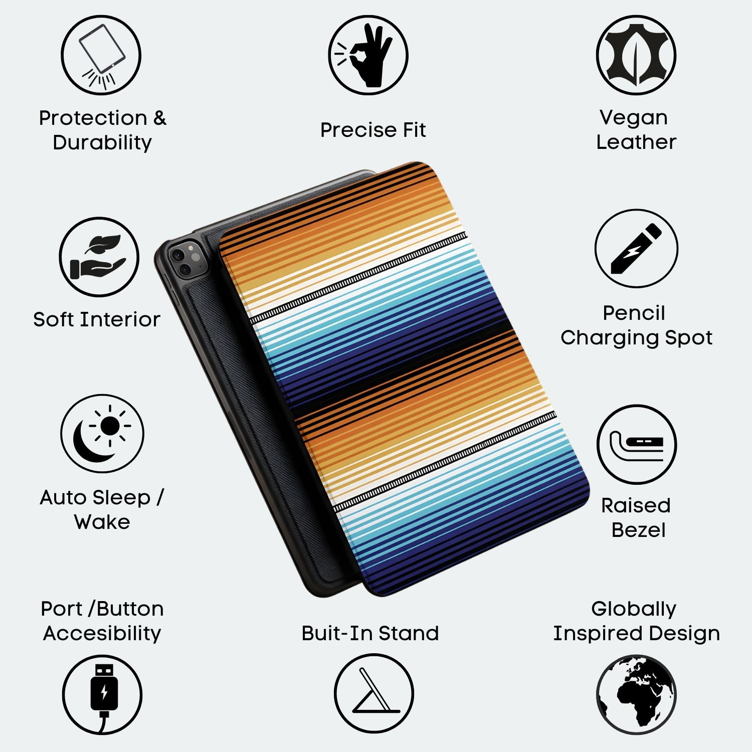 Colorful striped tablet case with features listed on a white background