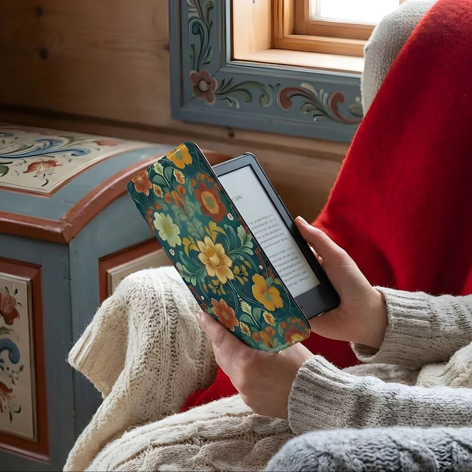 Person reading a floral e-reader in a cozy room with wooden furniture and a window.