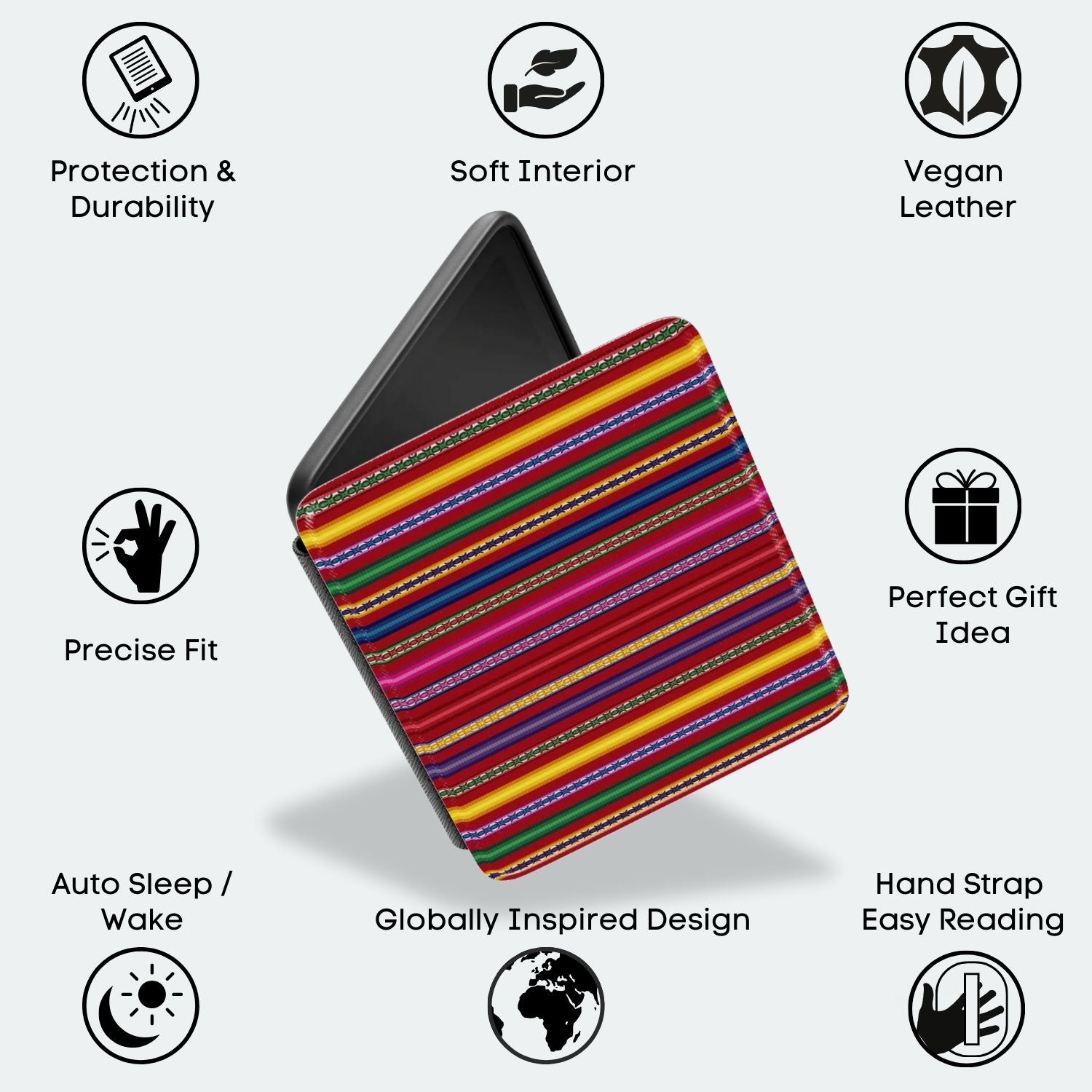 Colorful striped kindle case with features listed on a light gray background