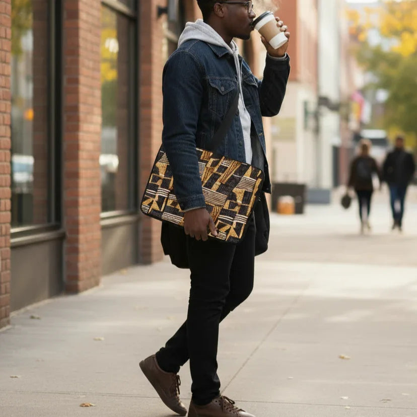 Man walking on a sidewalk holding a coffee cup and a patterned bag