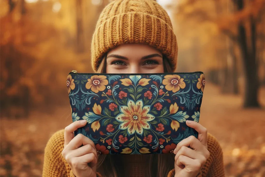 Person holding a floral-patterned pouch in front of their face with a blurred autumn background
