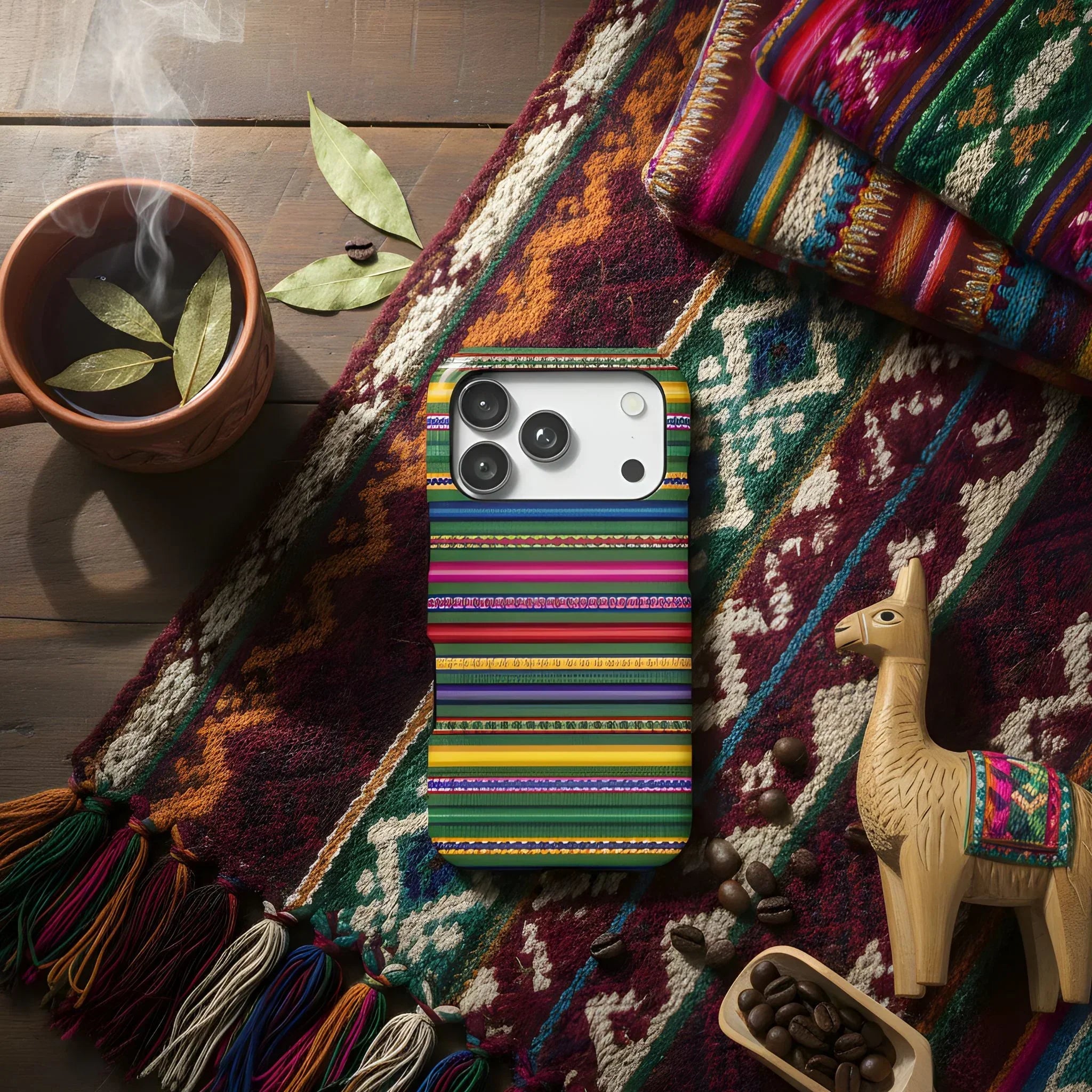 Phone case with colorful Peruvian Blanket pattern on a traditional fabric background