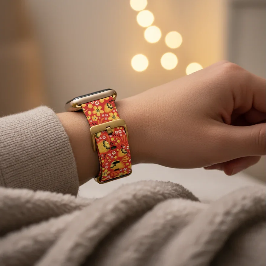Hand wearing a colorful smartwatch with a blurred warm light background