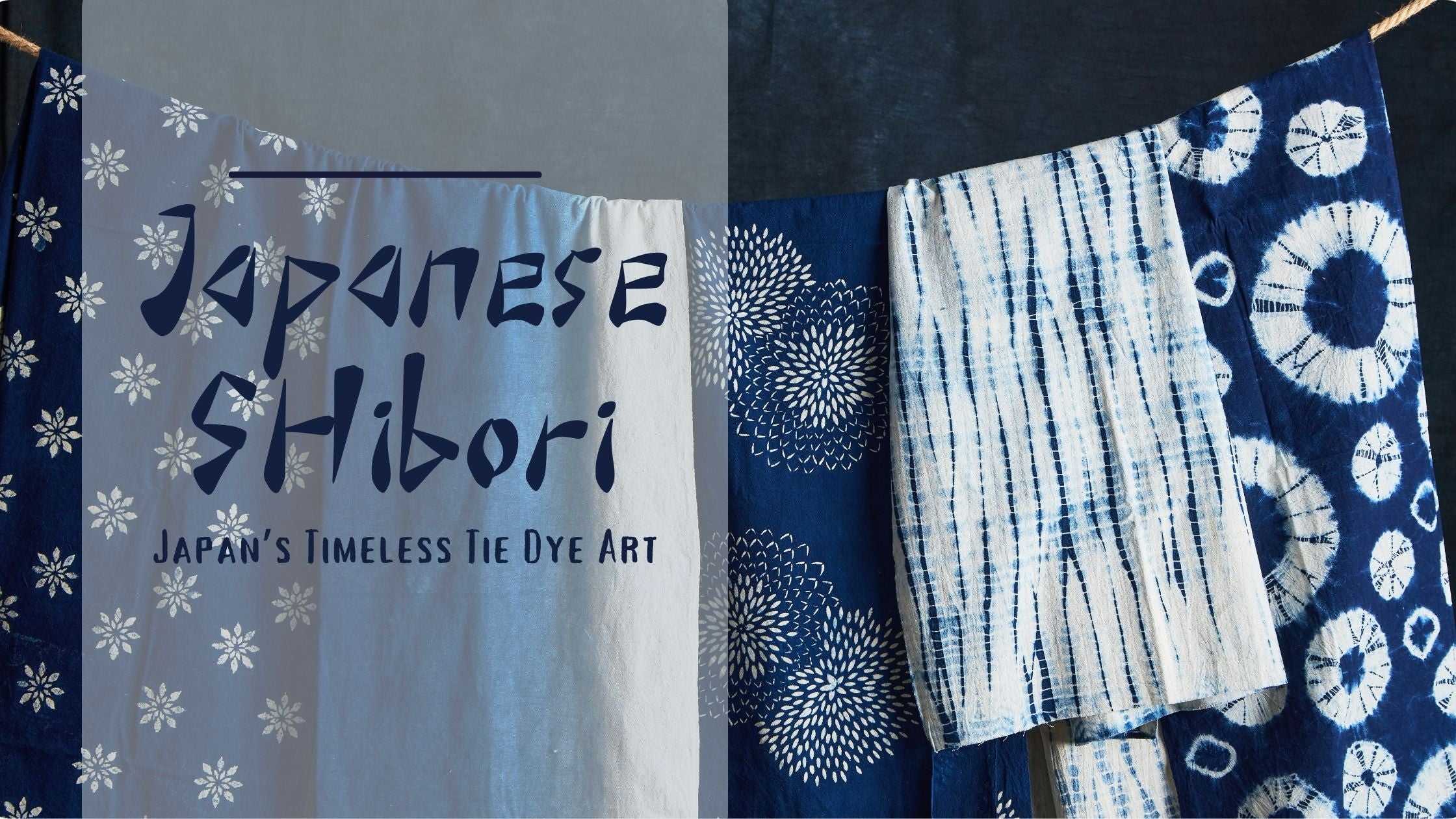 Textbook titled 'Japanese Shibori' with fabric samples featuring Shibori tie-dye patterns on a dark background.