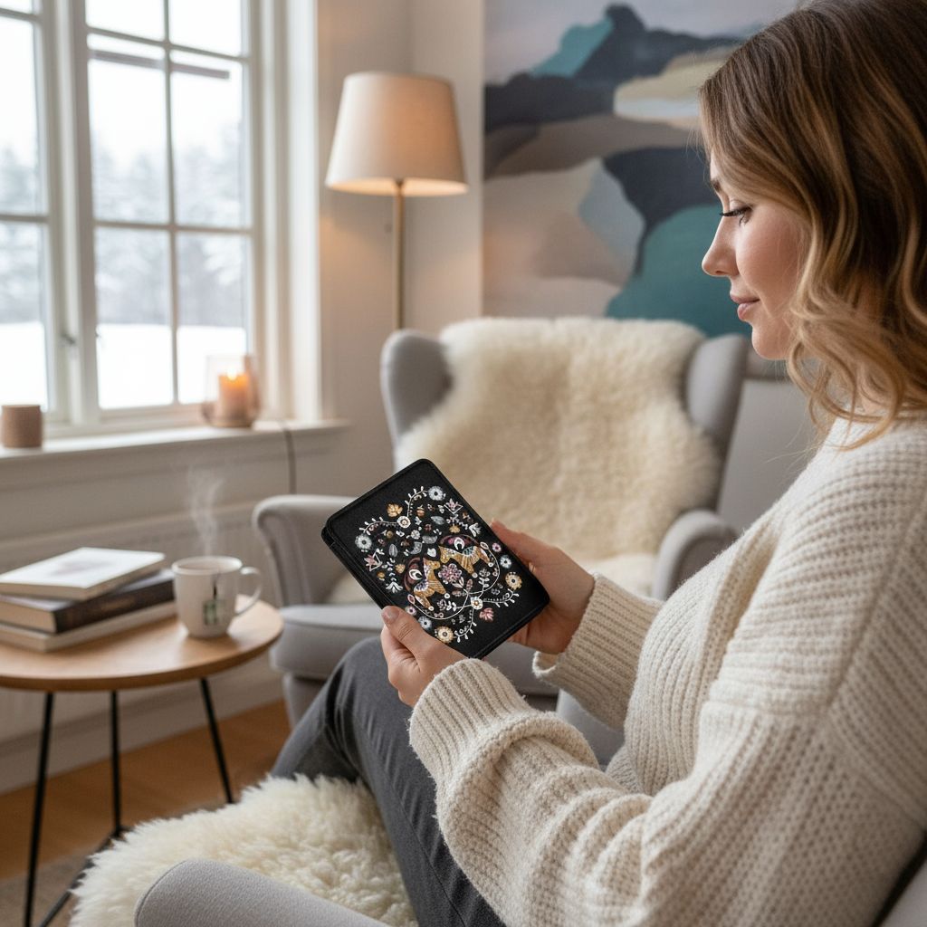 Woman sitting on a couch in a cozy living room holding a kindle with a Dala Horse design case.
