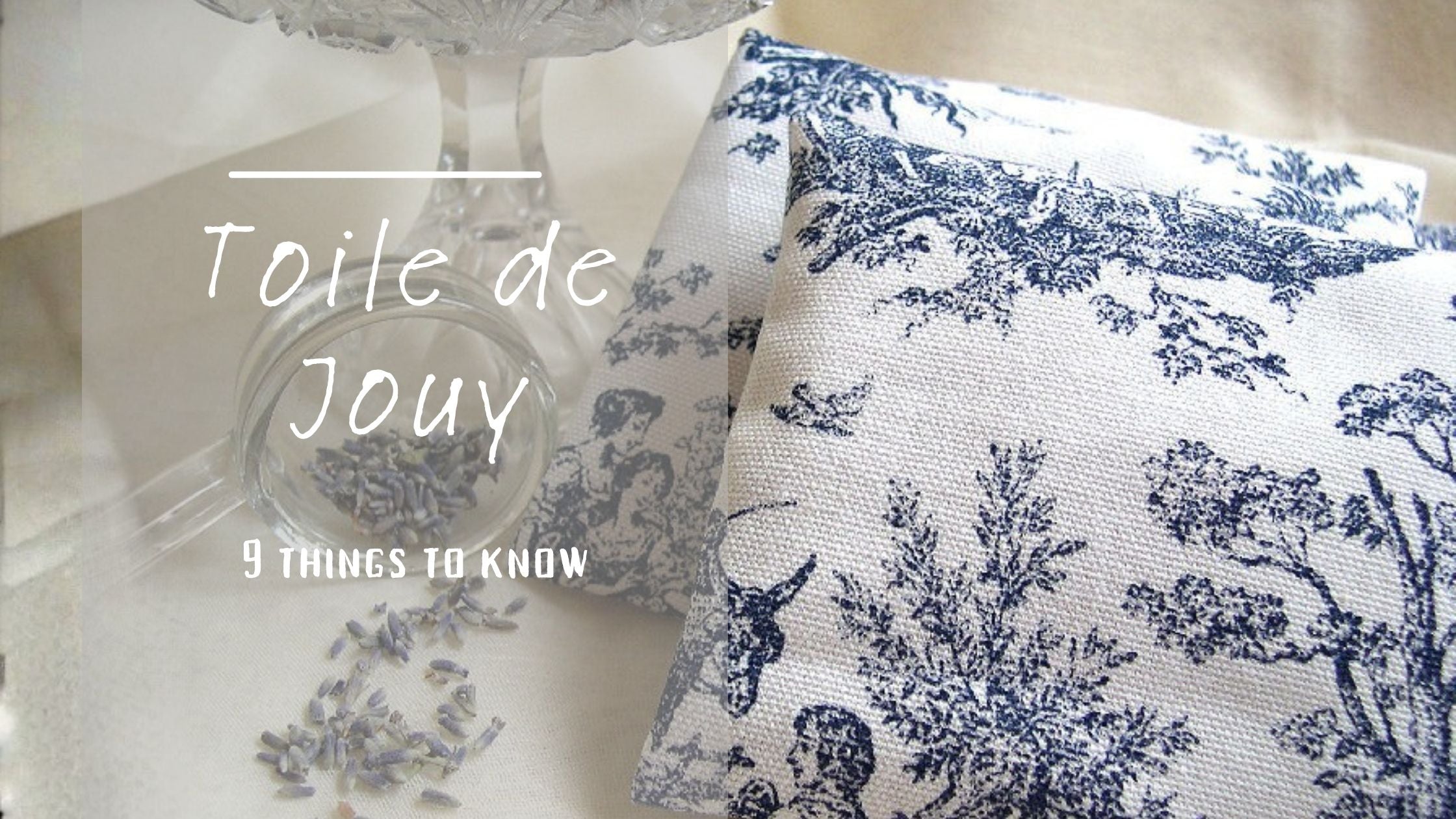 Toile de Jouy fabric on a sachet with text overlay
