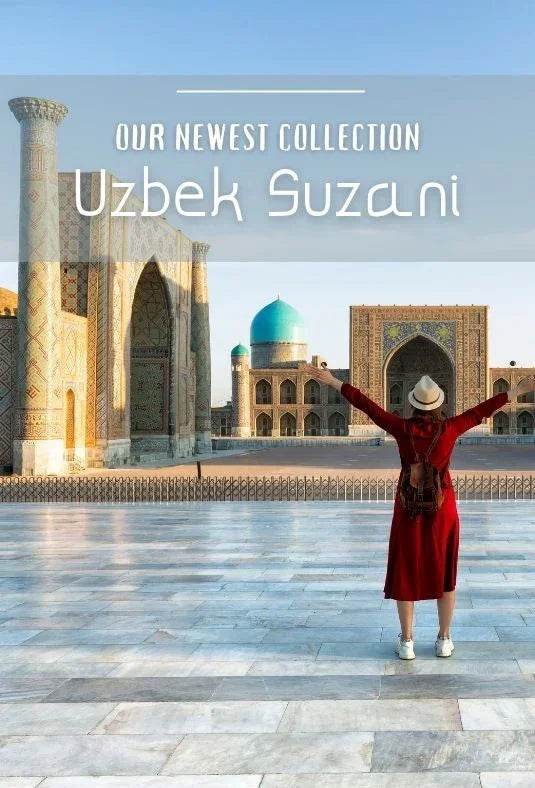 Person in a red dress standing with arms outstretched in front of a historic building, with text 'Our Newest Collection Uzbek Suzani' at the top.