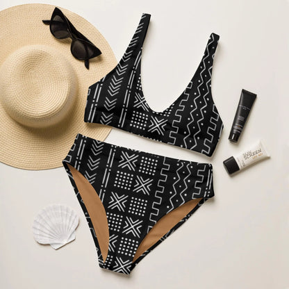 African Mud Cloth Recycled High-Waisted Bikini - The Global Wanderer