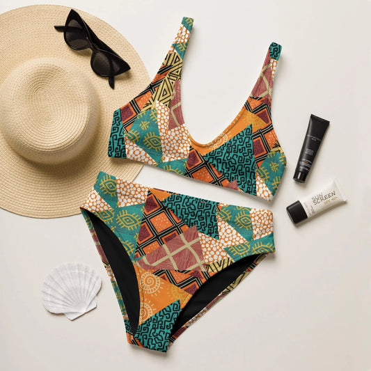 African Patchwork Recycled High-Waisted Bikini - The Global Wanderer