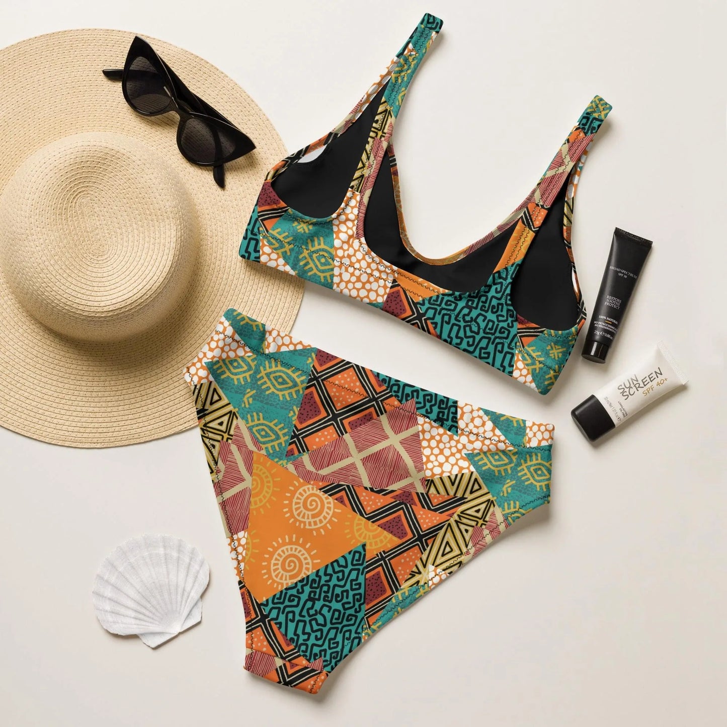 African Patchwork Recycled High-Waisted Bikini - The Global Wanderer