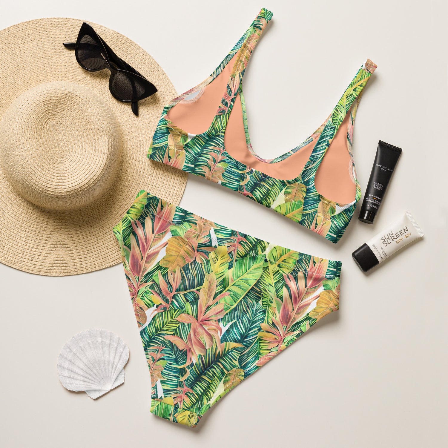 Hawaiian Tropical Leaves Recycled High-Waisted Bikini