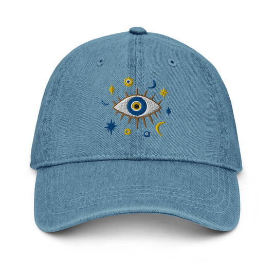 Greek Evil Eye Embroidered Denim Dad Hat