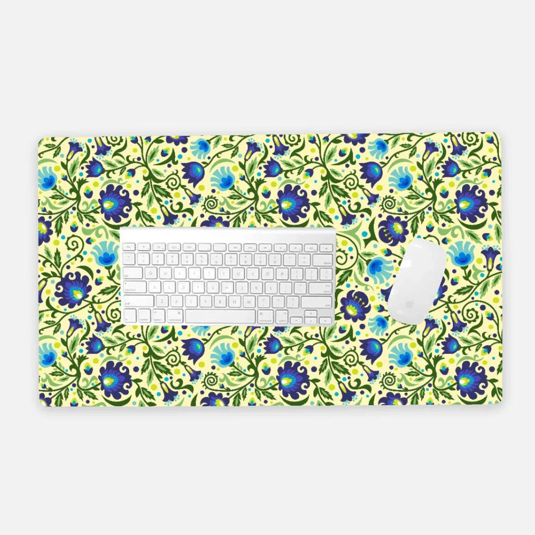 Gdańsk Blues Wycinanki Desk Mat over yellow - The Global Wanderer