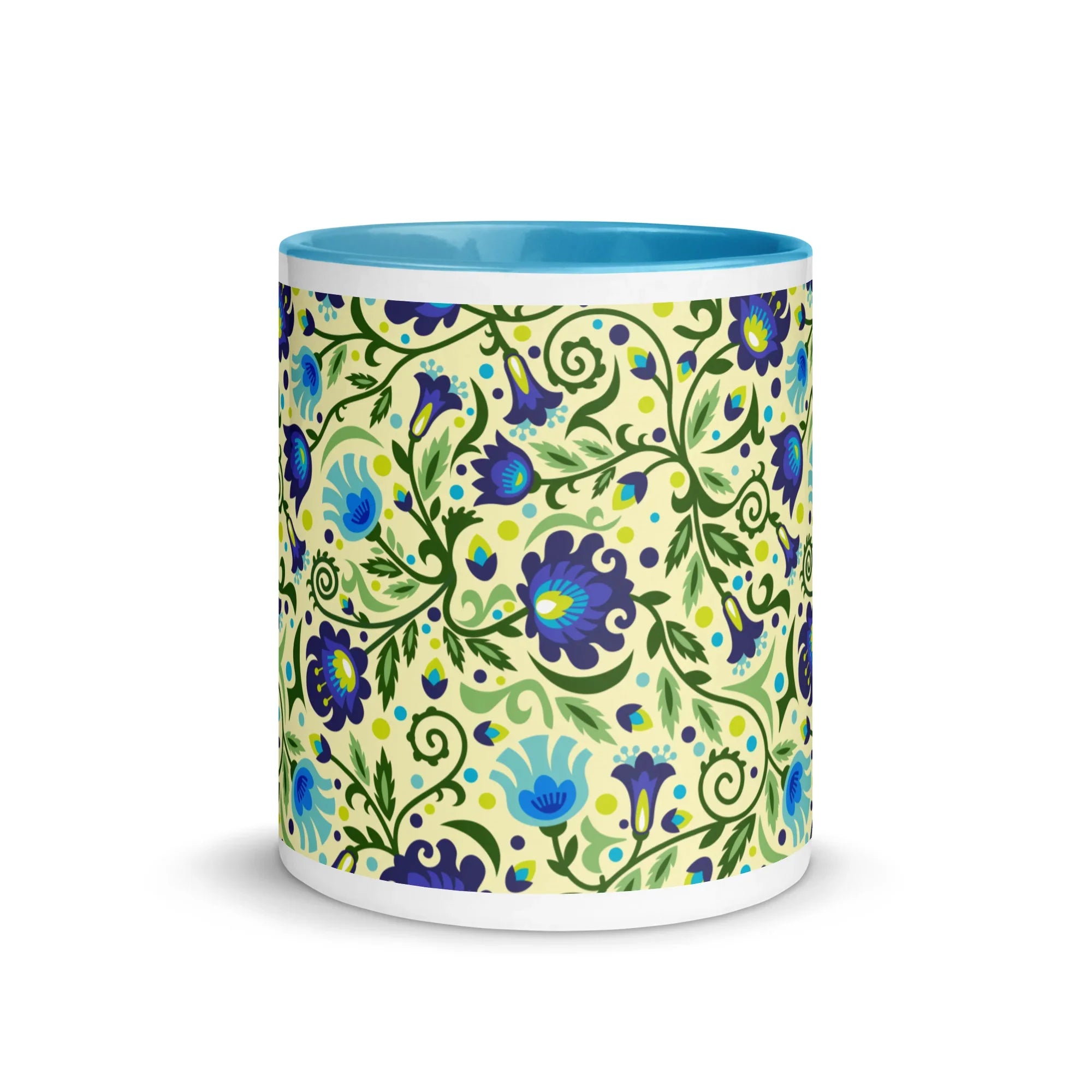 Gdańsk Blues Wycinanki Mug over yellow - The Global Wanderer