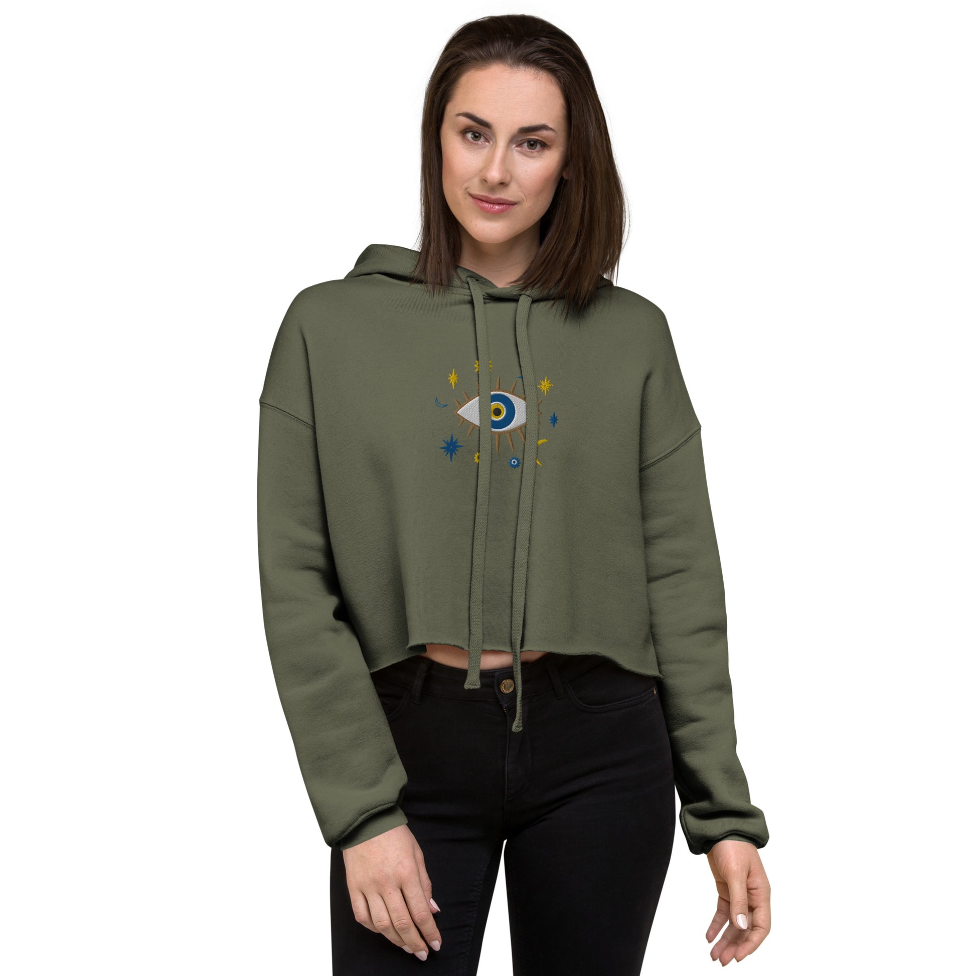 Greek Evil Eye Embroidered Cropped Hoodie - The Global Wanderer