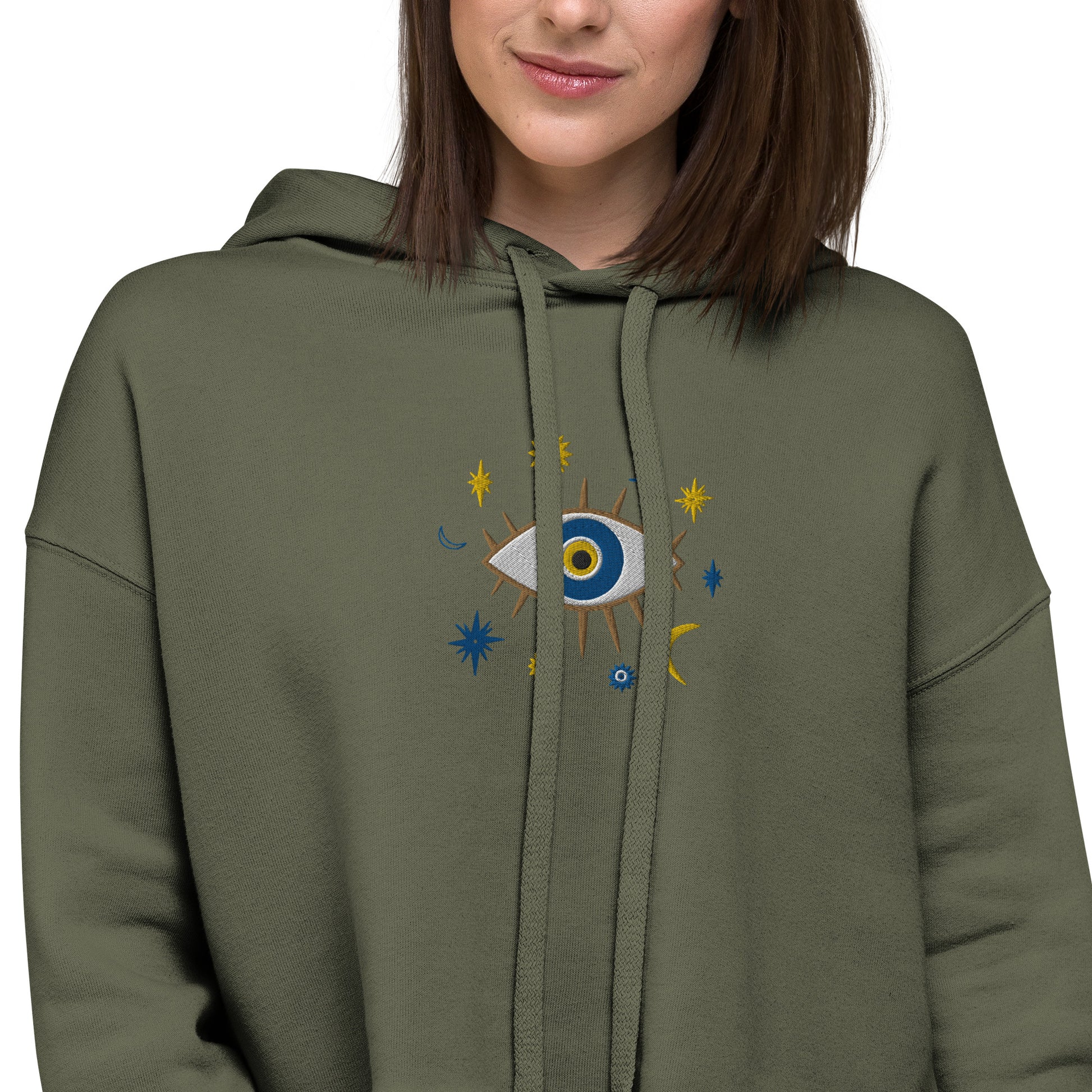 Greek Evil Eye Embroidered Cropped Hoodie - The Global Wanderer