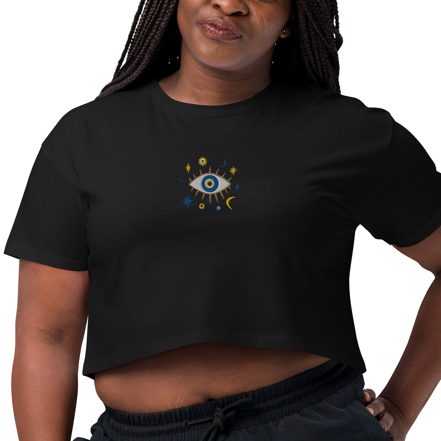 Greek Evil Eye Embroidered Cropped T-Shirt - The Global Wanderer